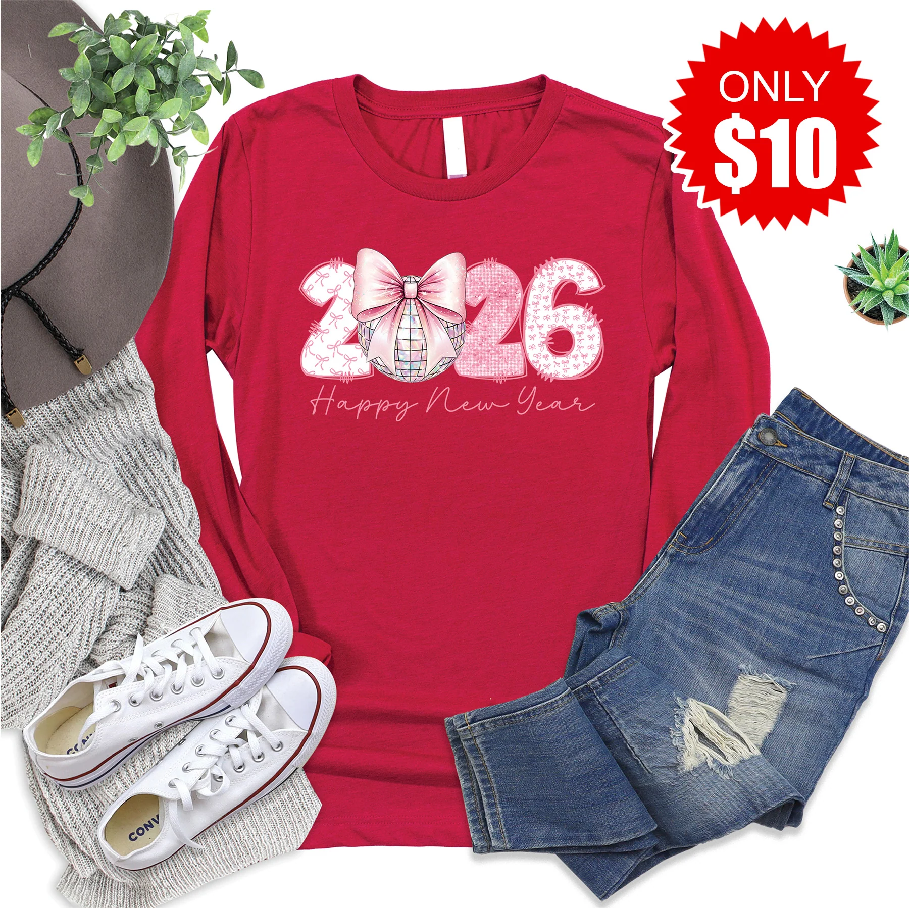 2026 Pink Bow Long Sleeve - Heather Scarlet - 10