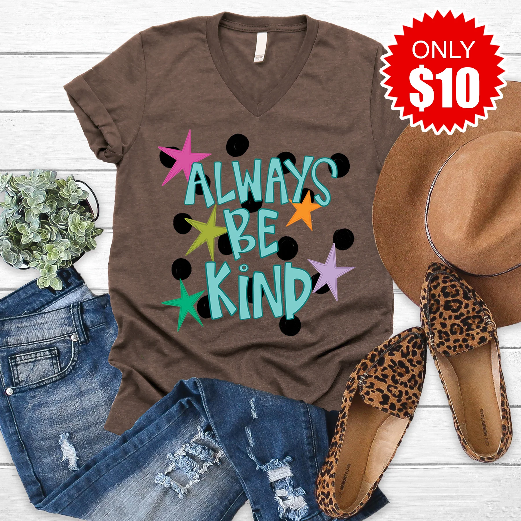 Always Be Kind V-Neck - Heather Brown - 10