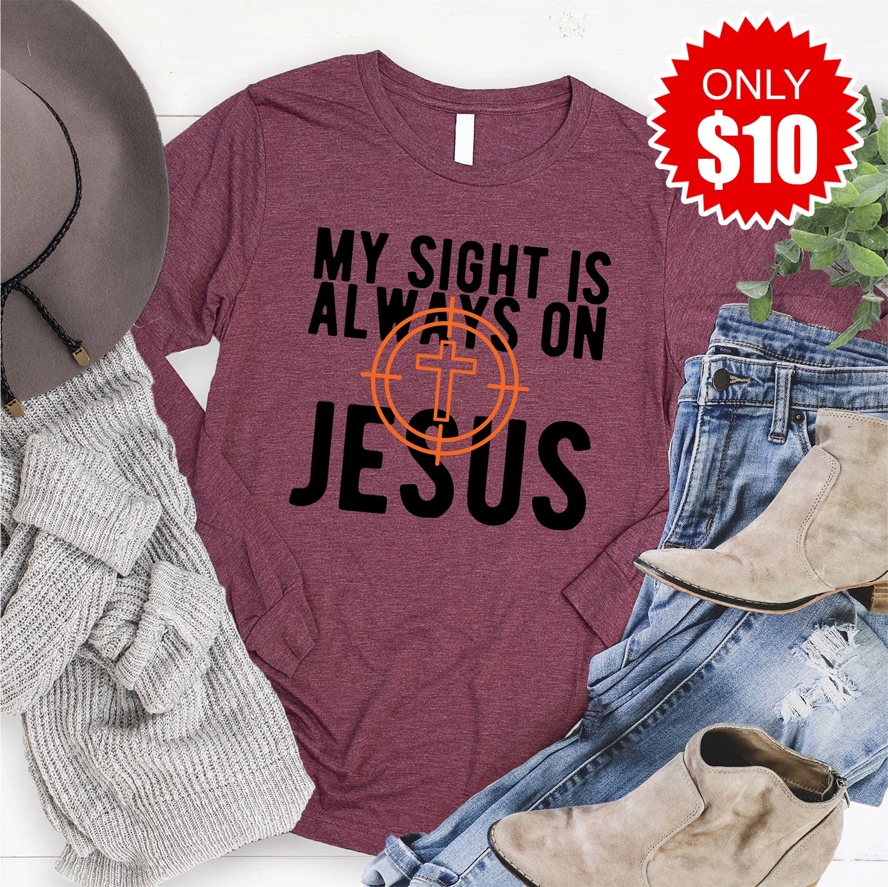 Always On Jesus Long Sleeve - Heather Burgundy - 10