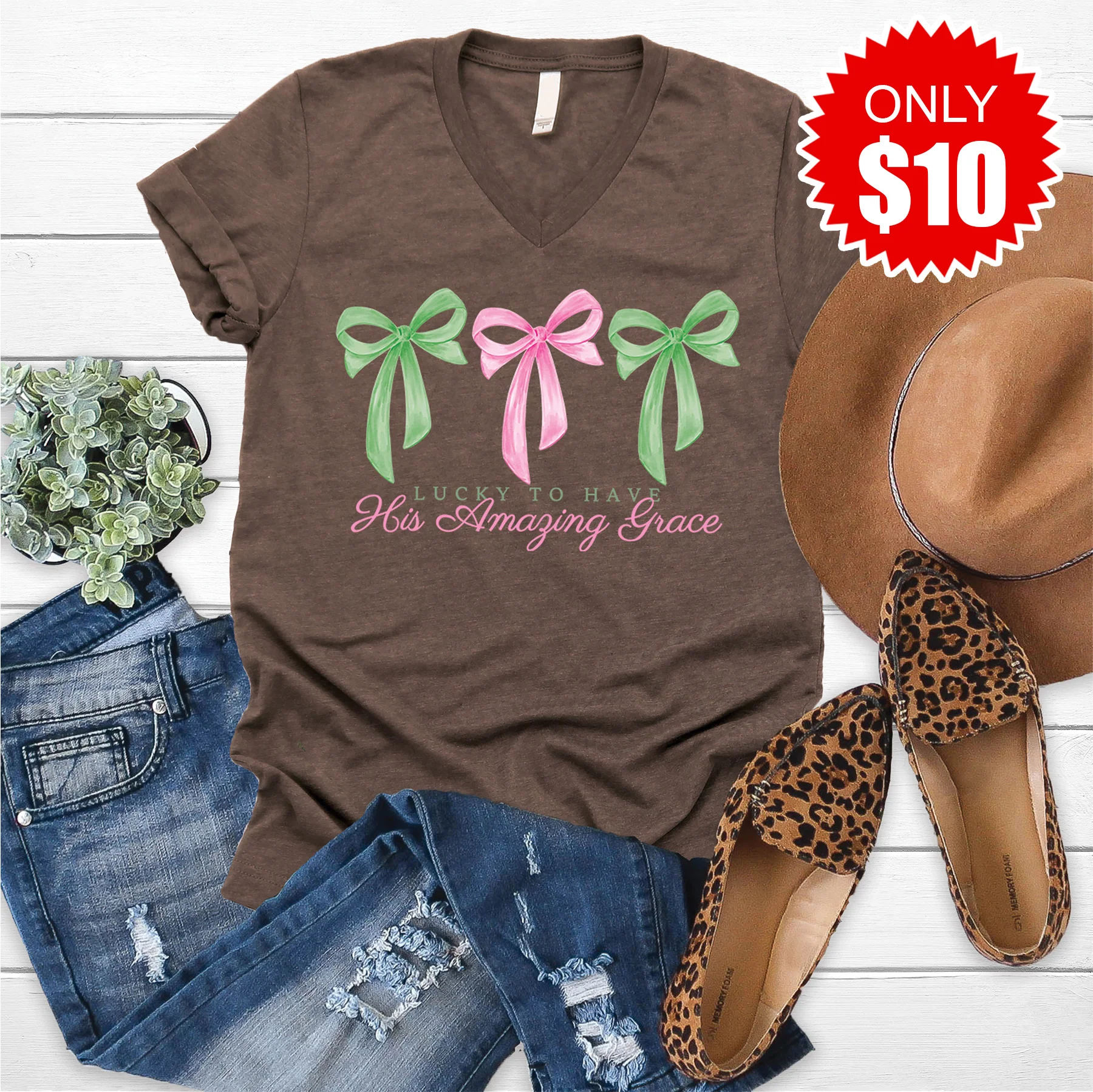 Amazing Grace V-Neck - Heather Brown - 10