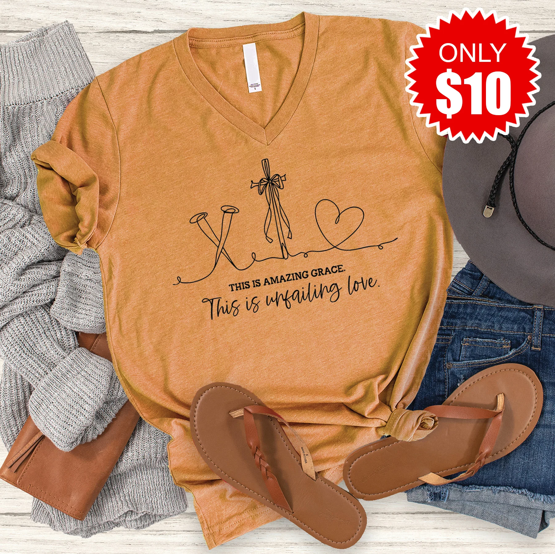 Amazing Grace V-Neck - Heather Toast - 10