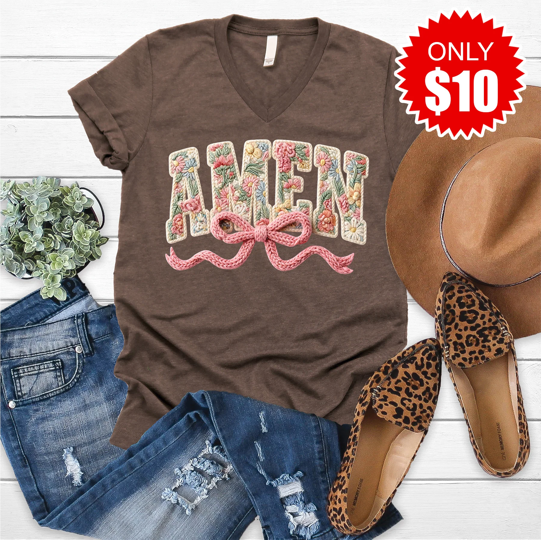 Amen V-Neck - Heather Brown - 10