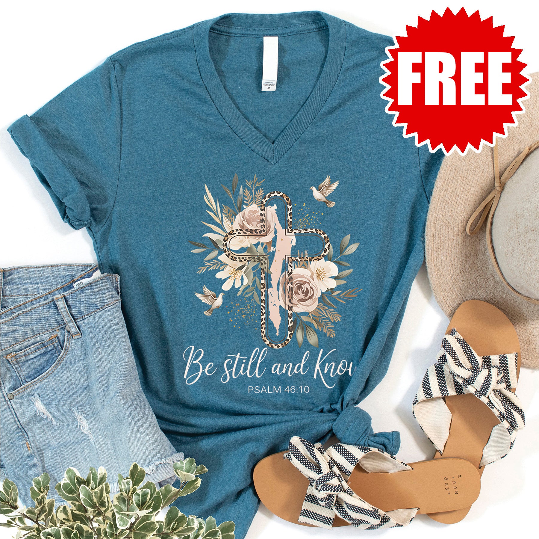 Be Still and Know V-Neck - Heather Deep Teal - 0