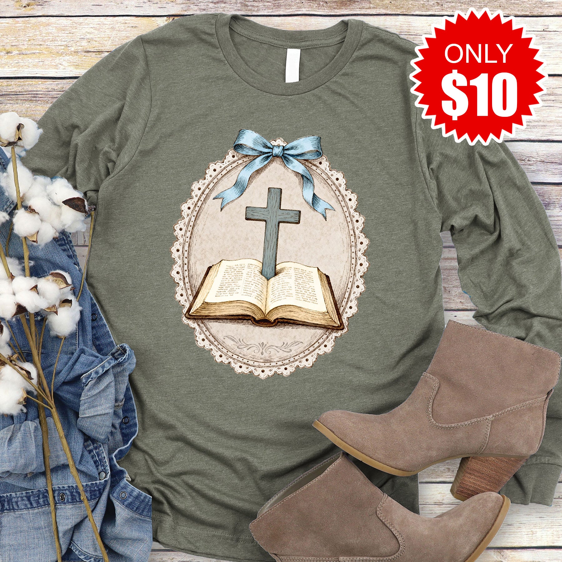 Bible Long Sleeve - Heather Olive - 10