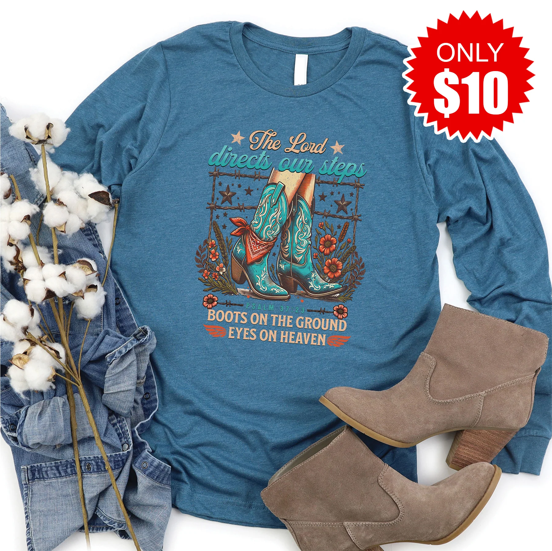 Boots On The Ground Long Sleeve - Heather Deep Teal - 10