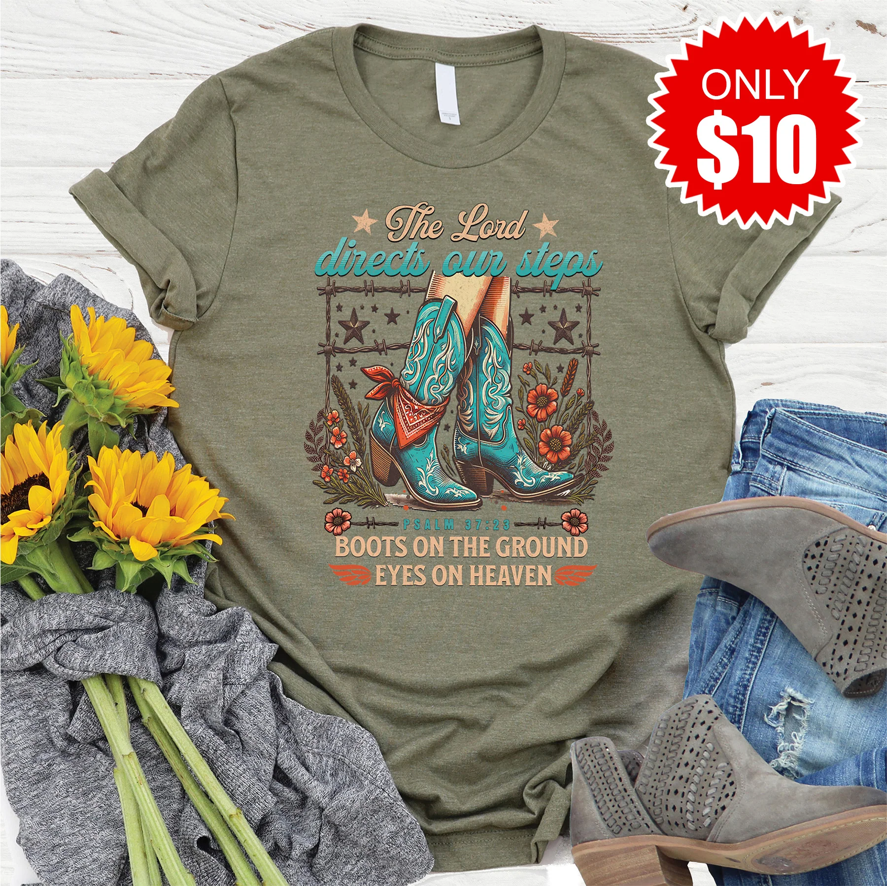 Boots On The Ground Tee - Heather Olive - 10