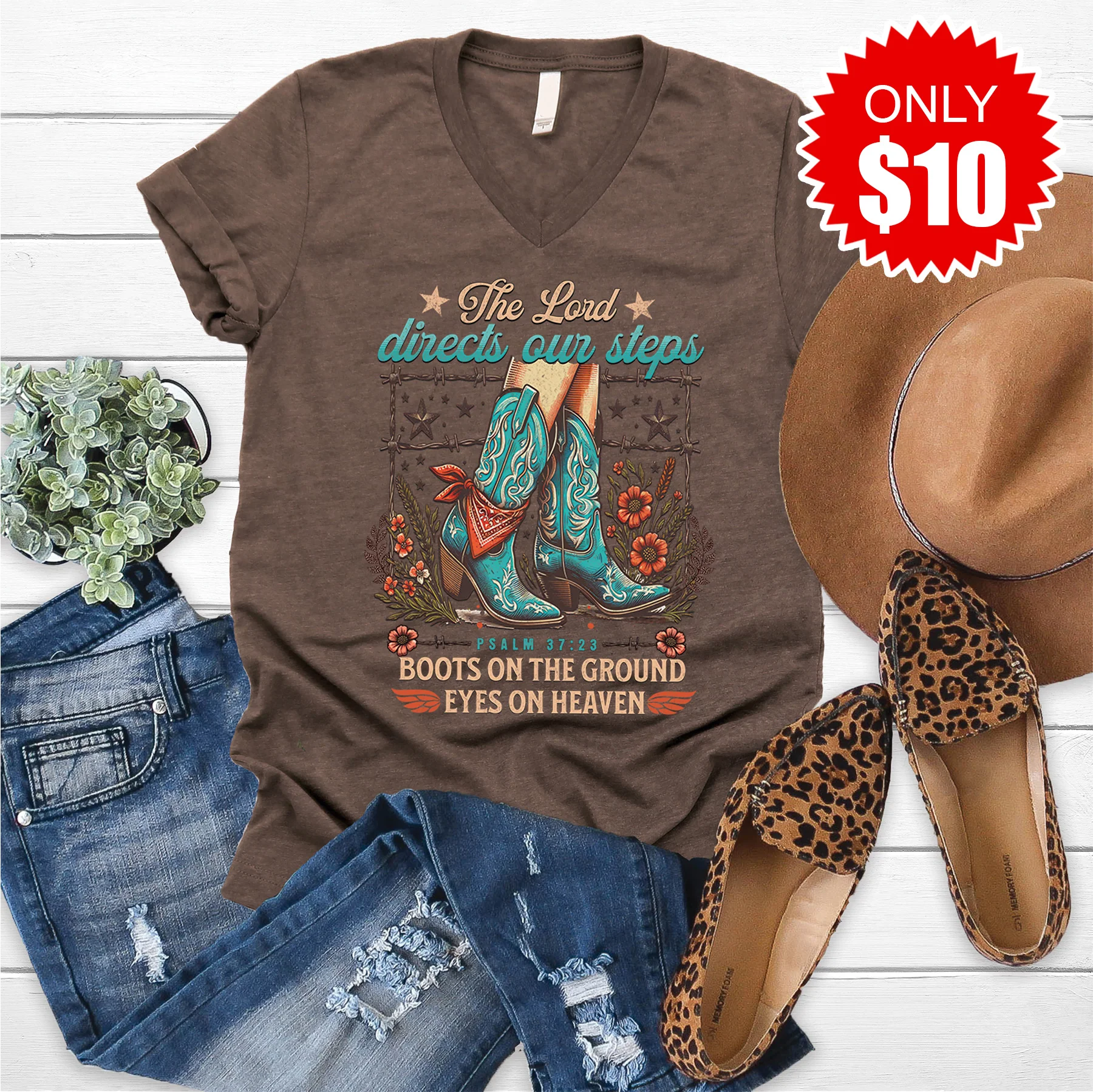 Boots On The Ground V-Neck - Heather Brown - 10