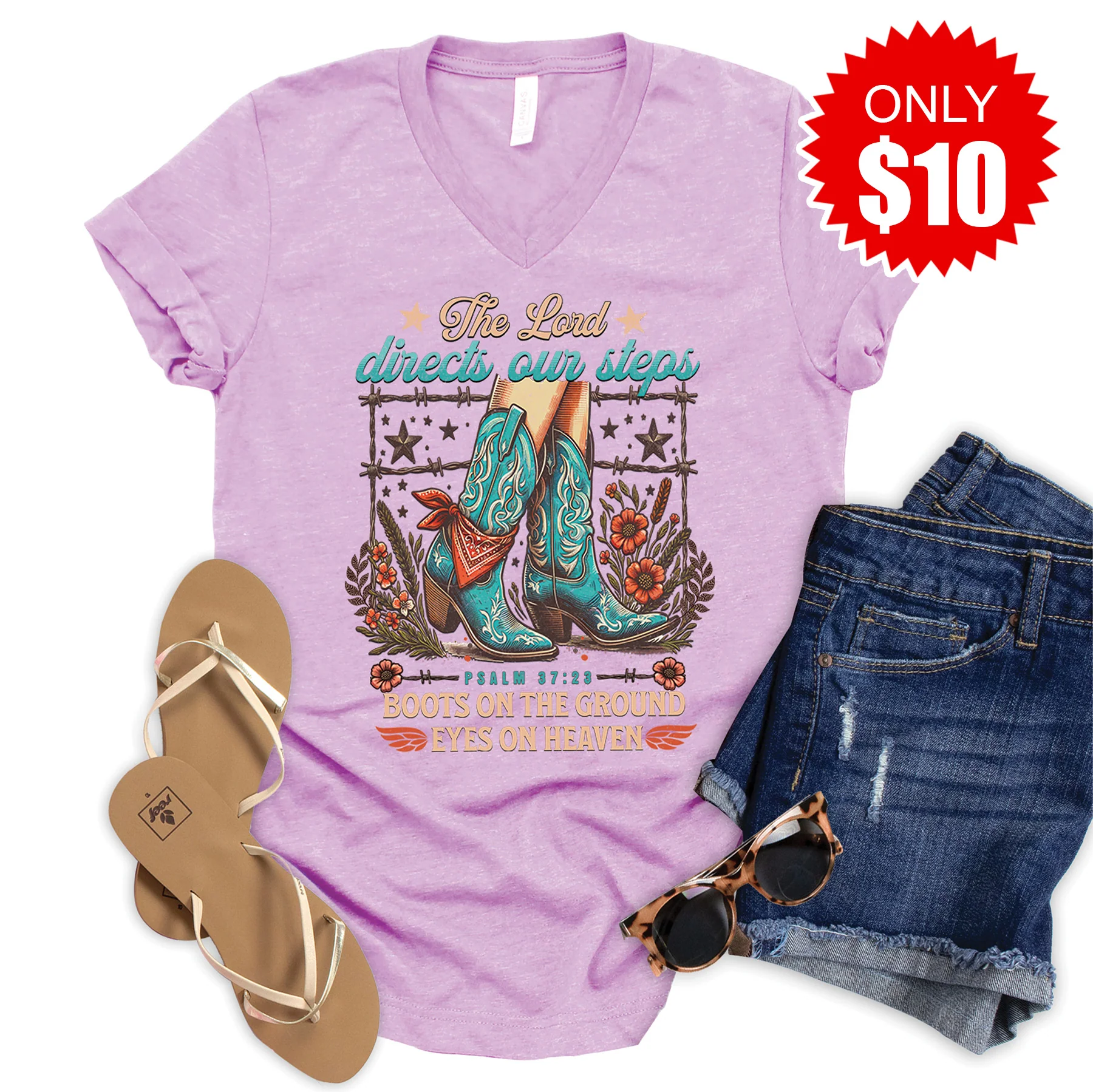 Boots On The Ground V-Neck - Heather Lilac - 10