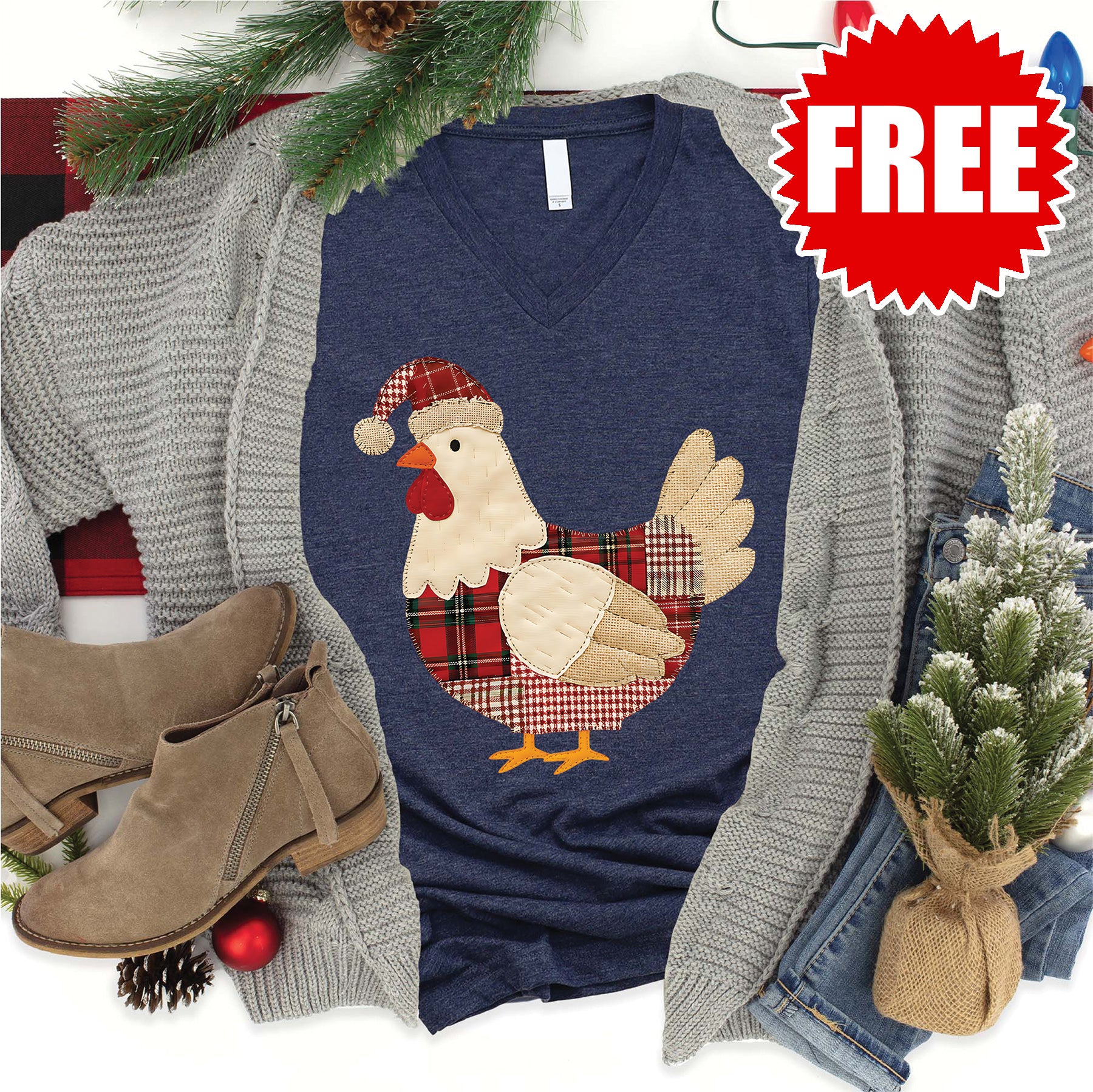 Christmas Patch Chicken V-Neck - 0
