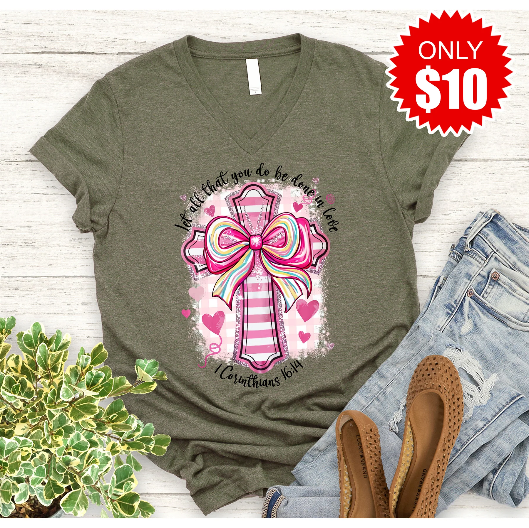 Corinthians 16:14 V-Neck - Heather Olive - 10