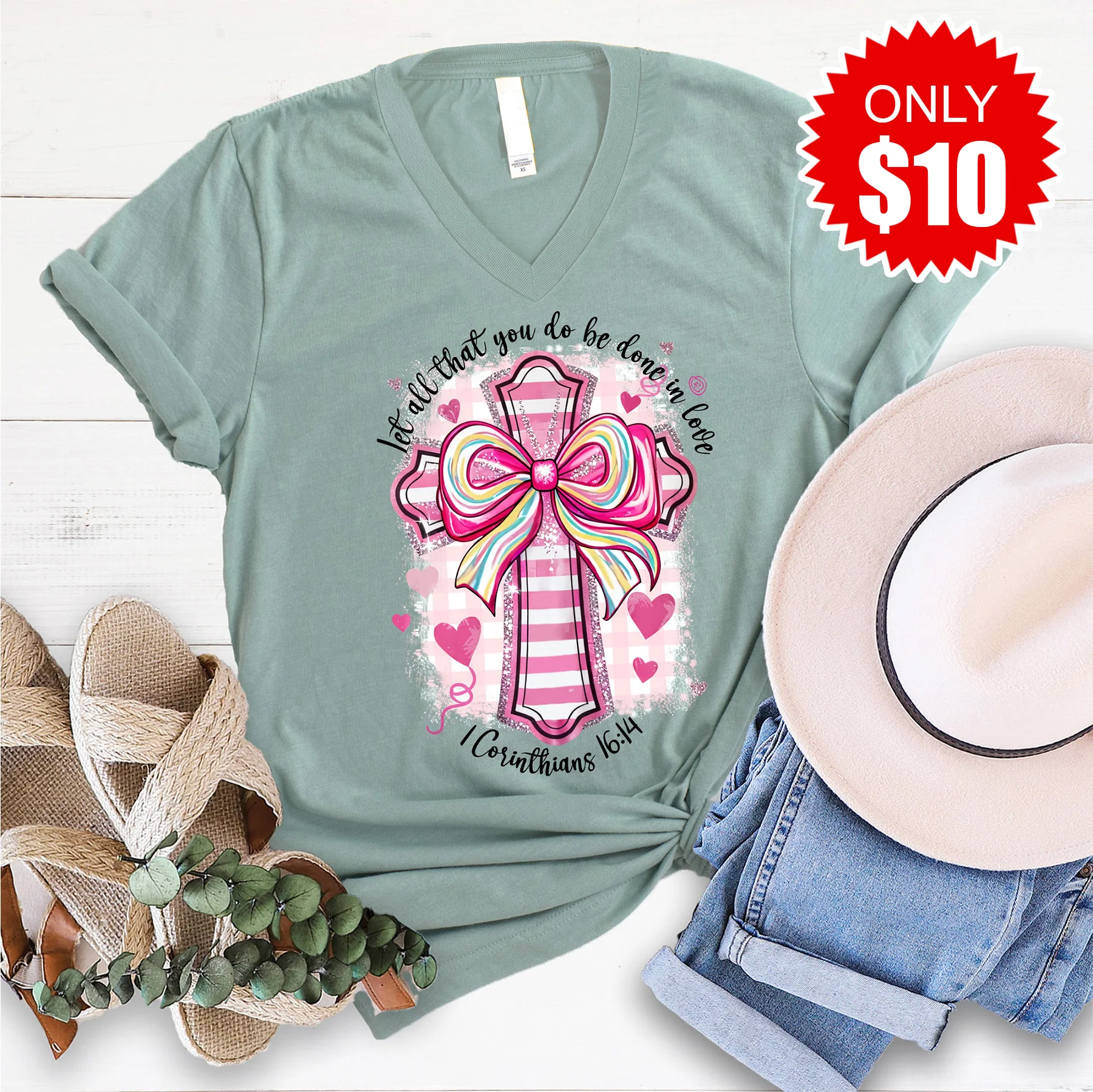 Corinthians 16:14 V-Neck - Heather Sage - 10