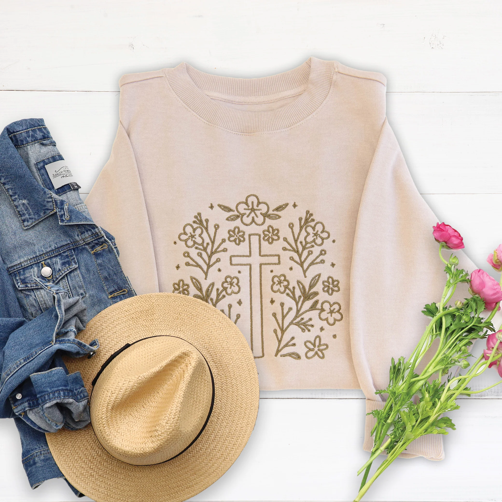 Cross Embroidered Crewneck Sweatshirt
