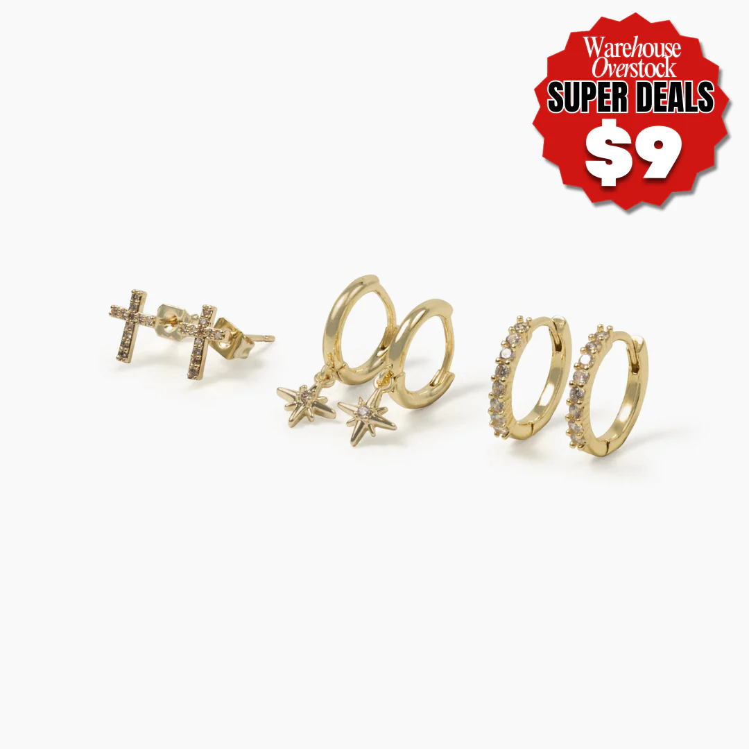 Warehouse Overstock Super Deals  Cross Gold Plated Brass Earring Set