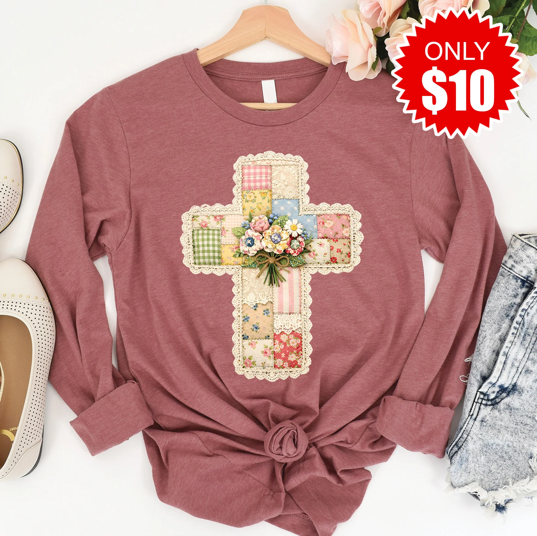 Cross Patchwork Long Sleeve - Heather Mauve - 10