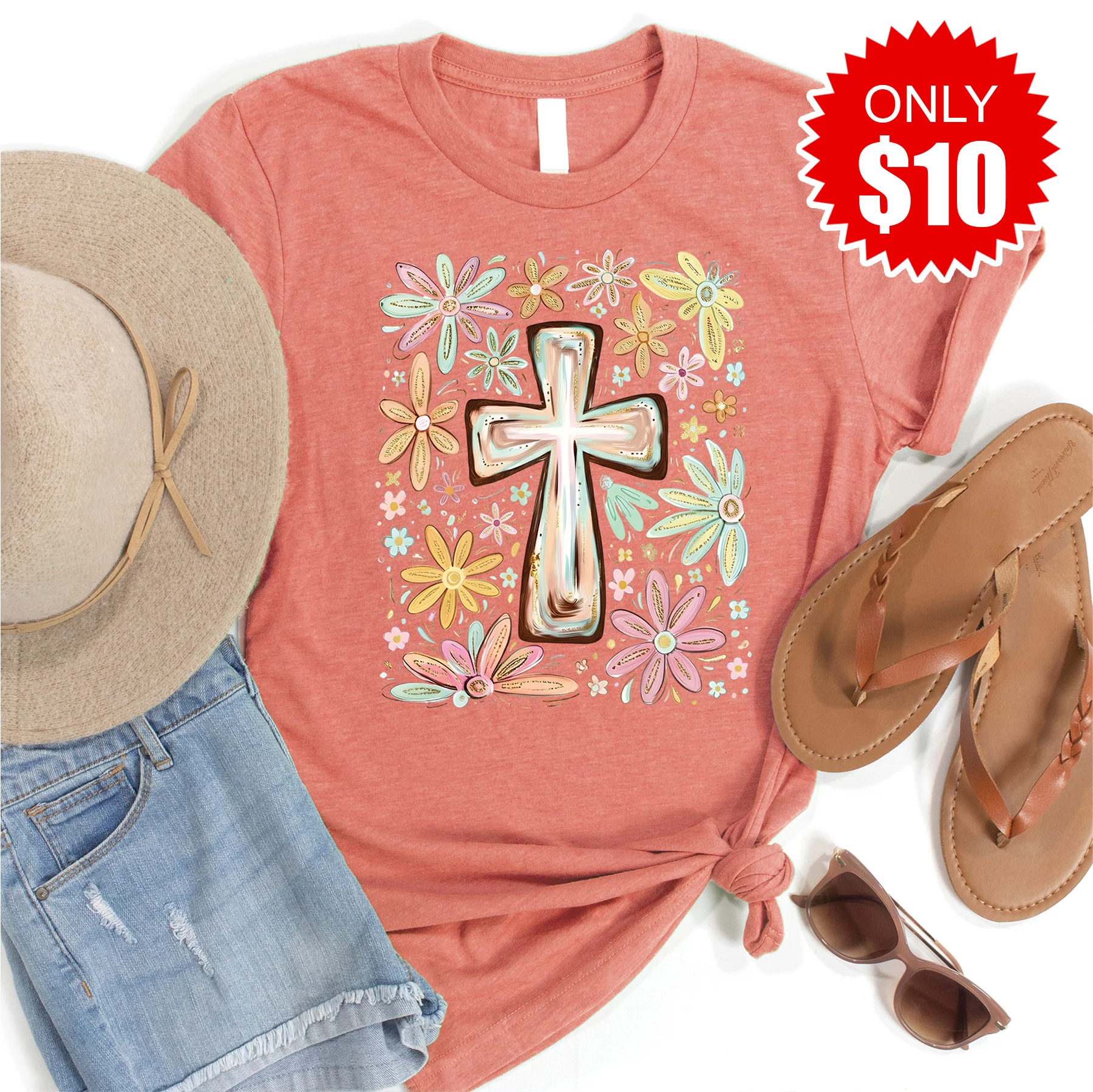 Cross Tee - Heather Papaya - 10