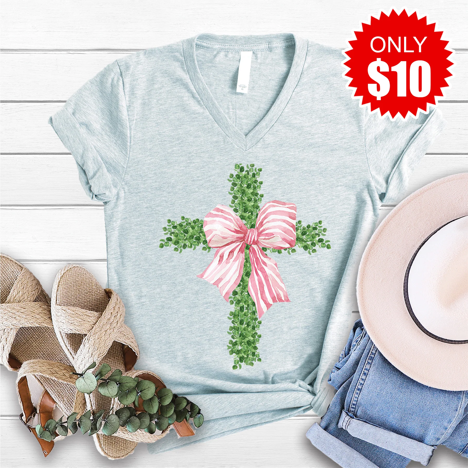 Cross V-Neck - Heather Prism Ice Blue - 10
