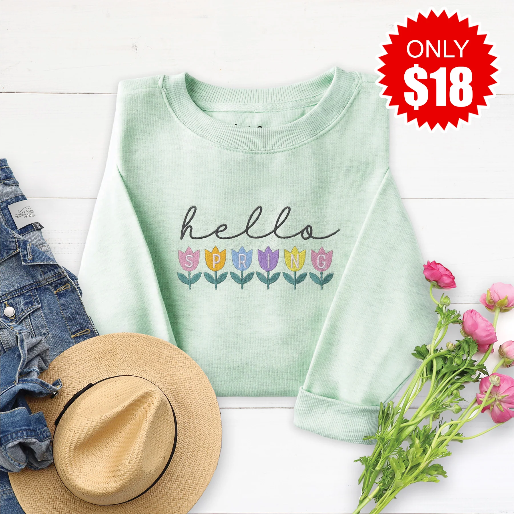 Embroidered Hello Spring Sweatshirt - 18