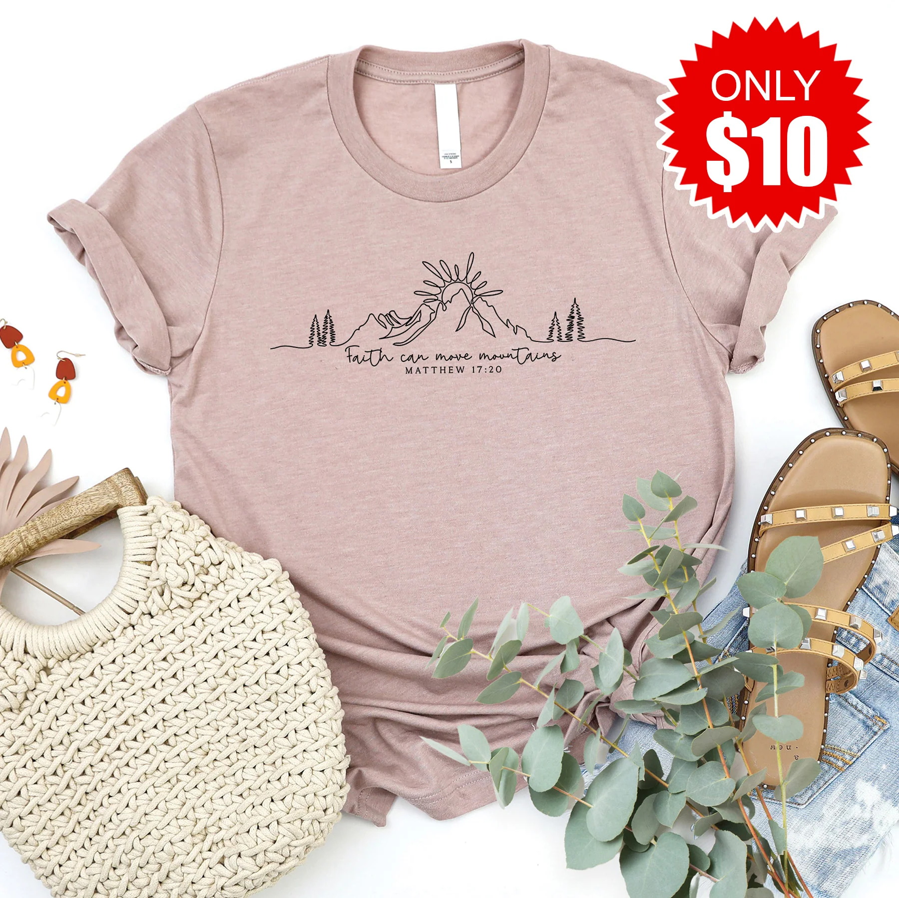 Faith Can Move Mountains Tee - Heather Pink Gravel - 10