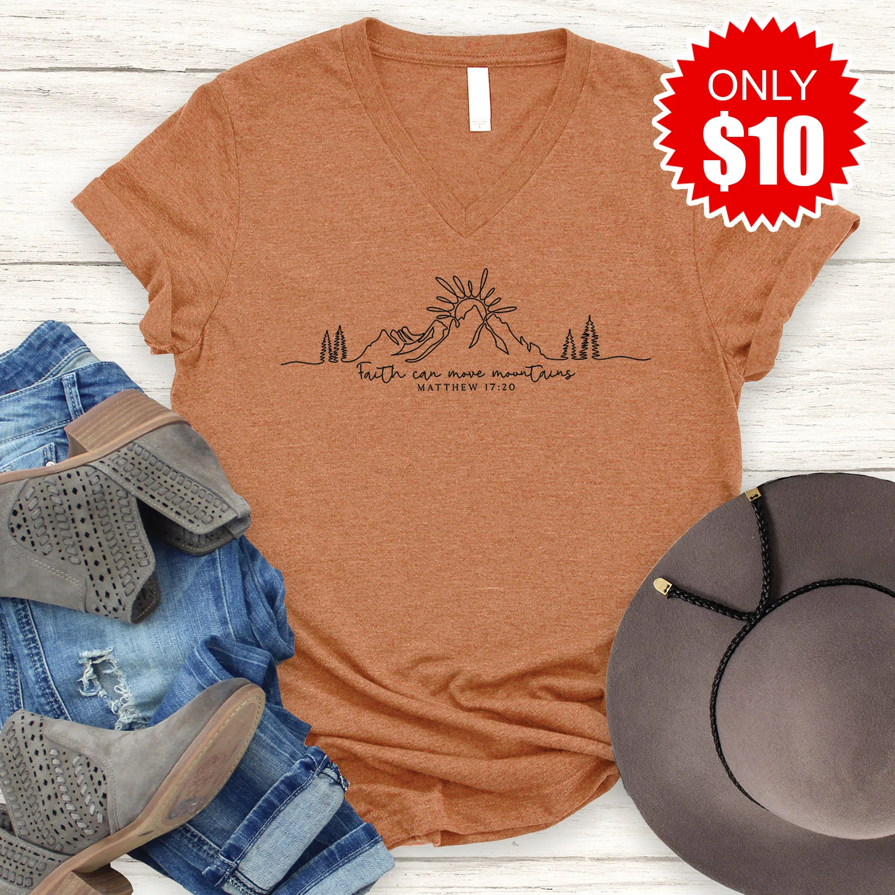 Faith Can Move Mountains V-Neck - Heather Autumn - 10