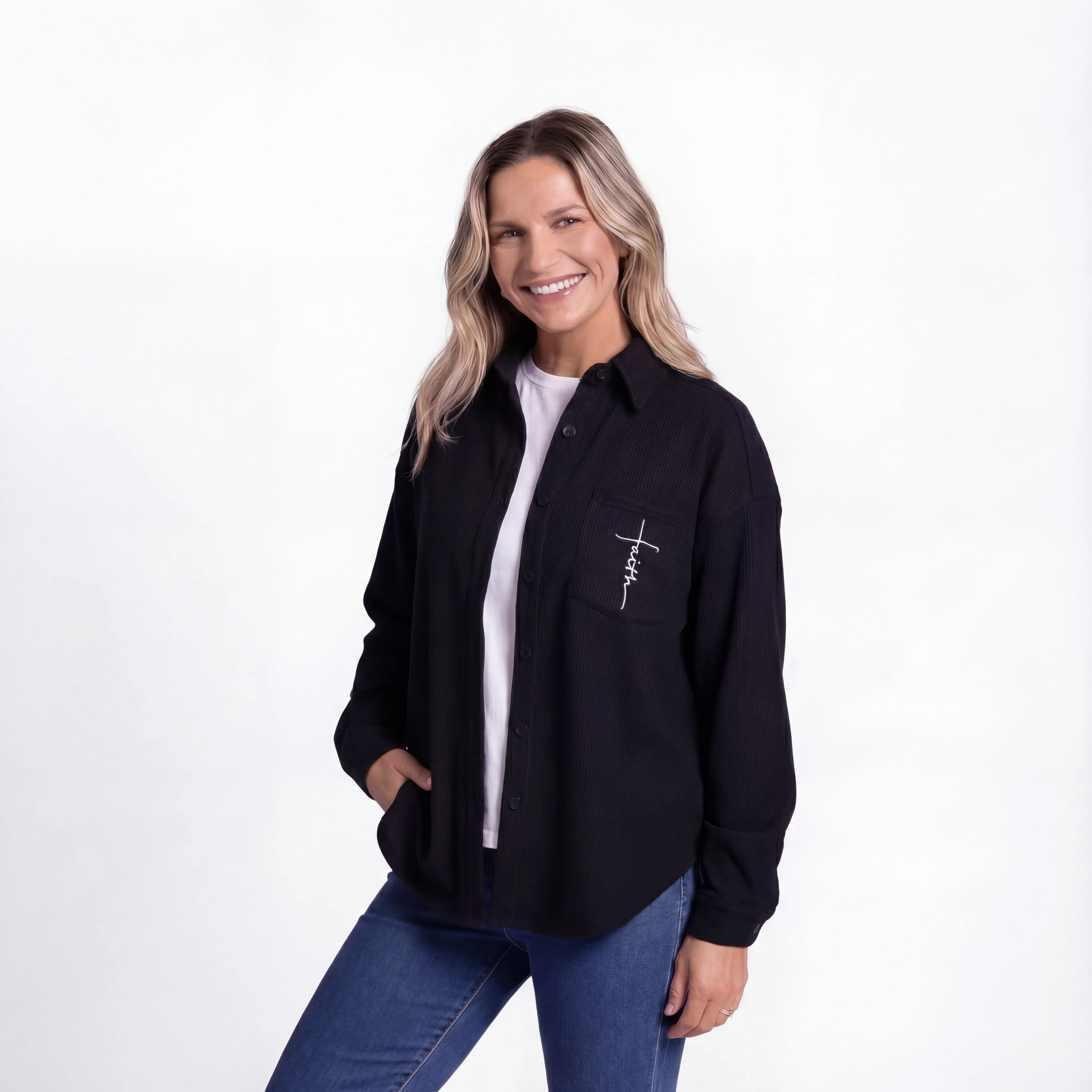 Faith Cross Waffle Knit Shacket - Image 2