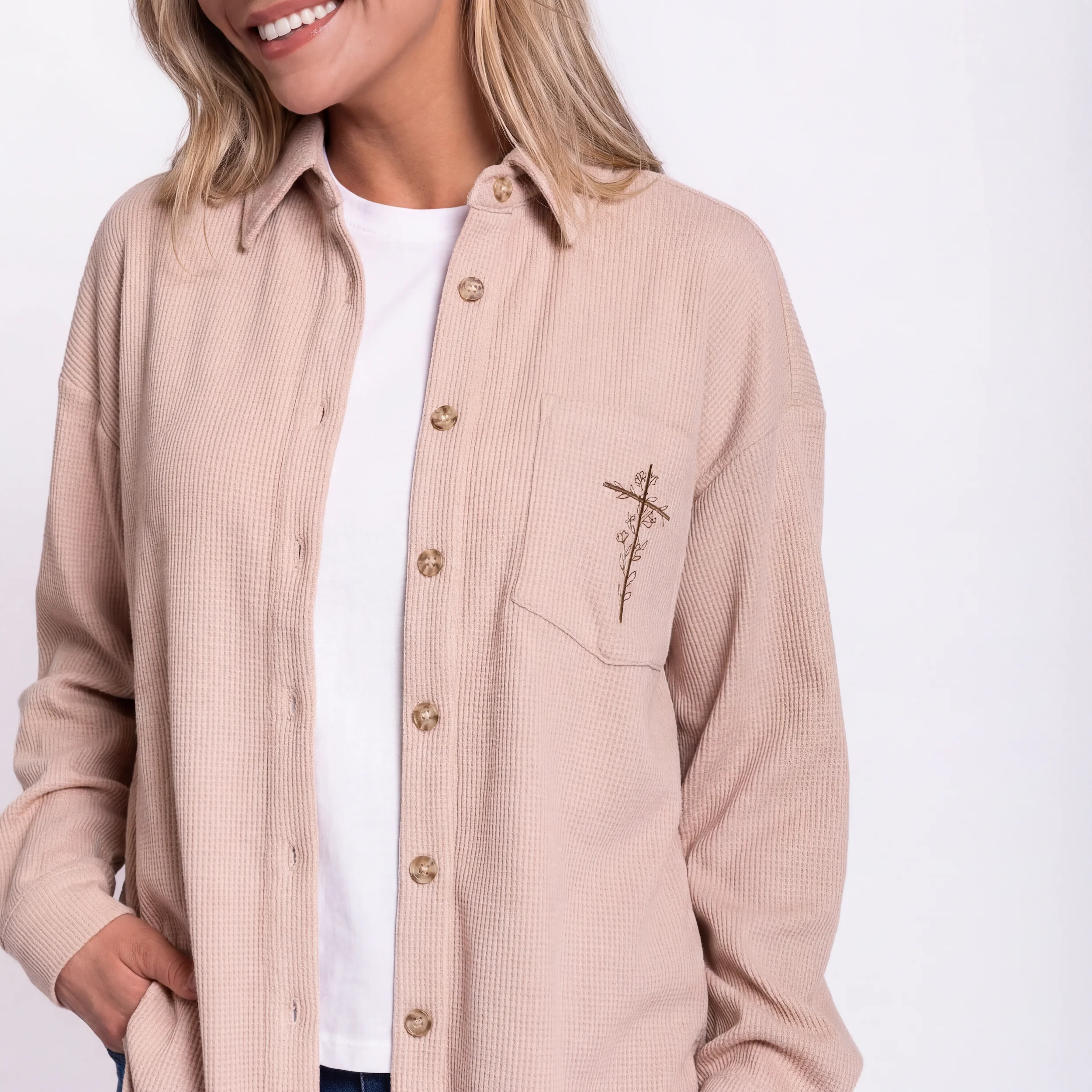 Floral Cross Waffle Knit Shacket - Image 2