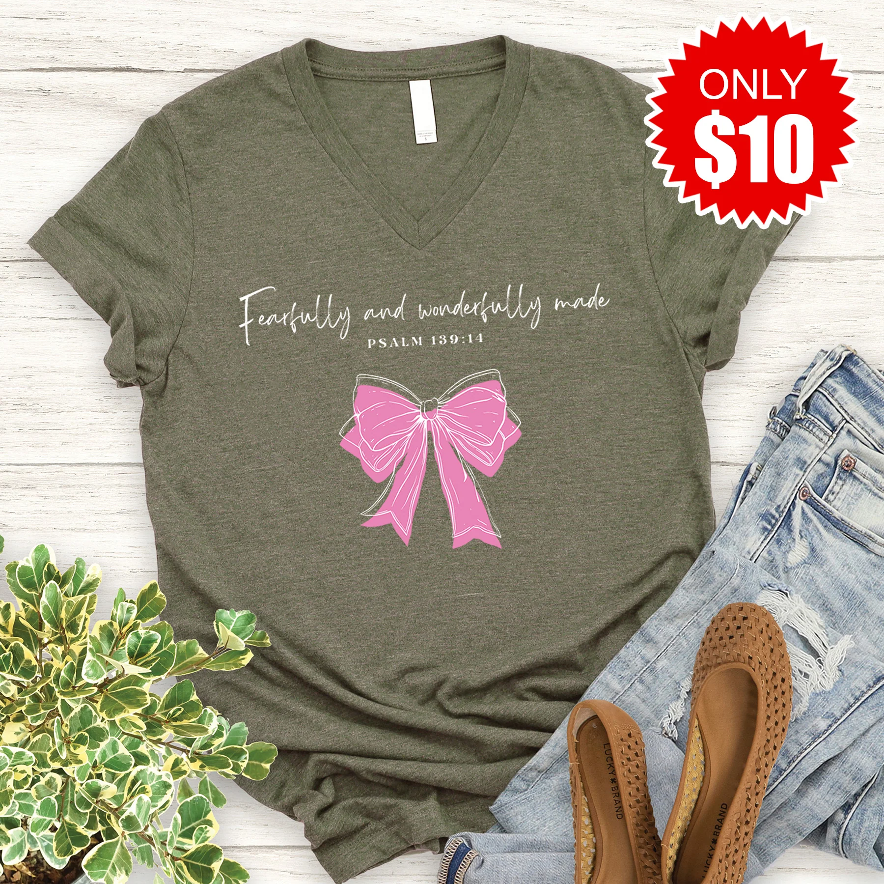 Fearfully and Wonderfully Made V-Neck - Heather Olive - 10