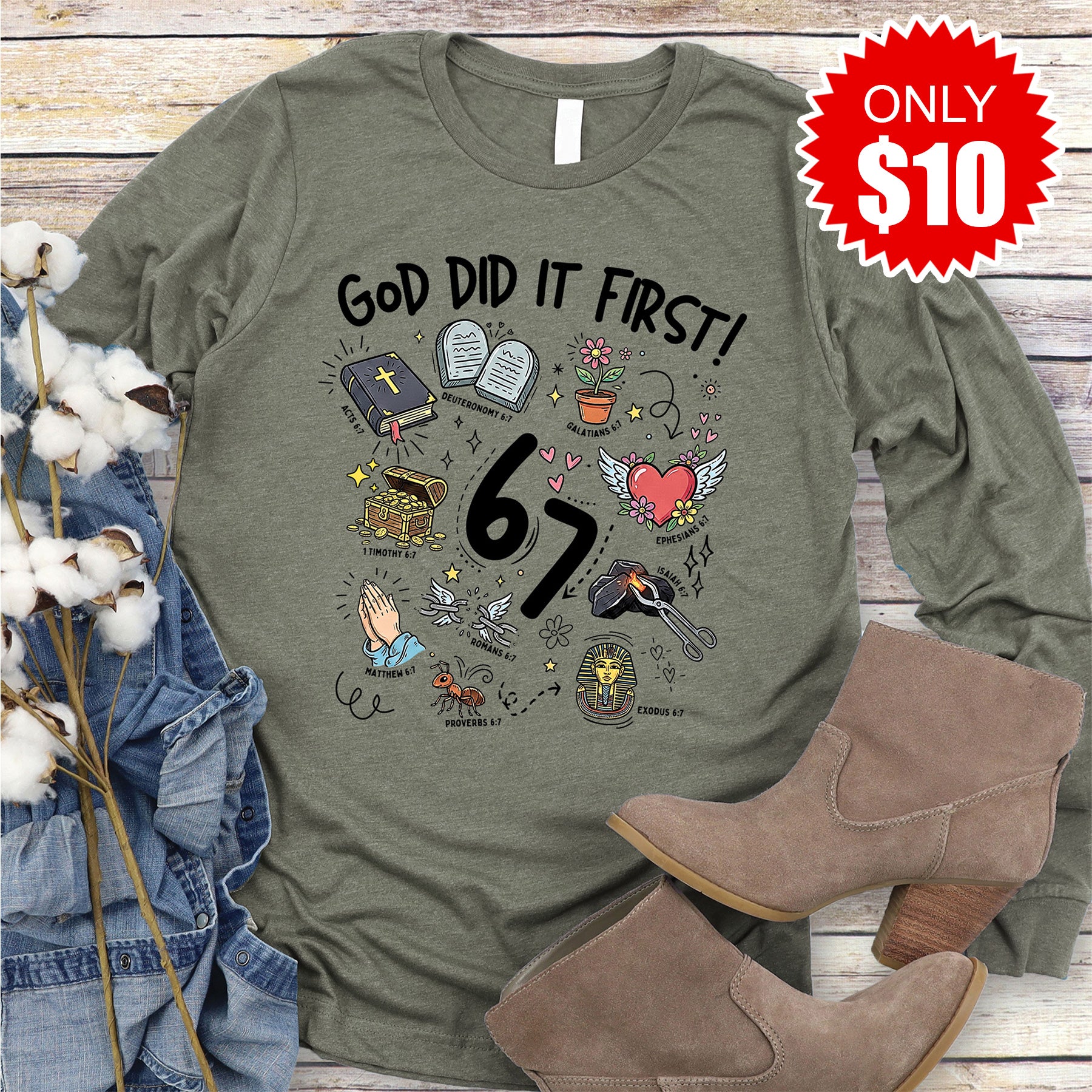 God Did It First Long Sleeve - Heather Olive - 10