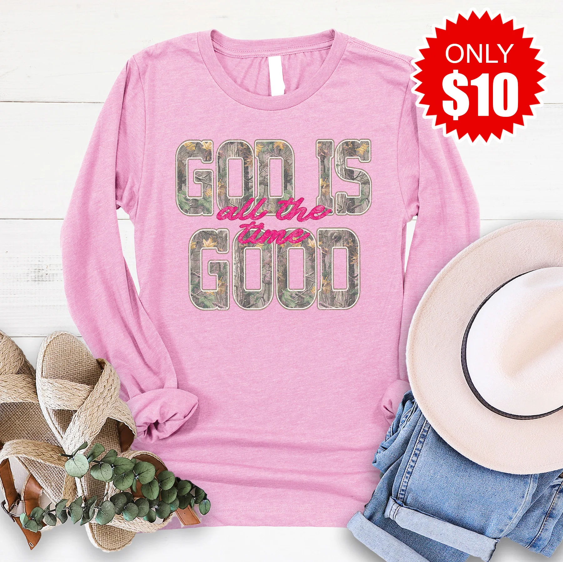 God Is Good Long Sleeve - Heather Bubble Gum - 10