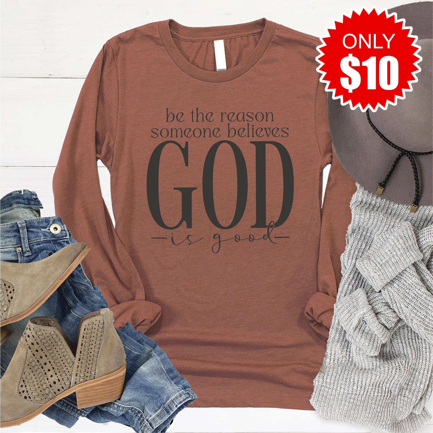 God Is Good Long Sleeve - Heather Chestnut - 10