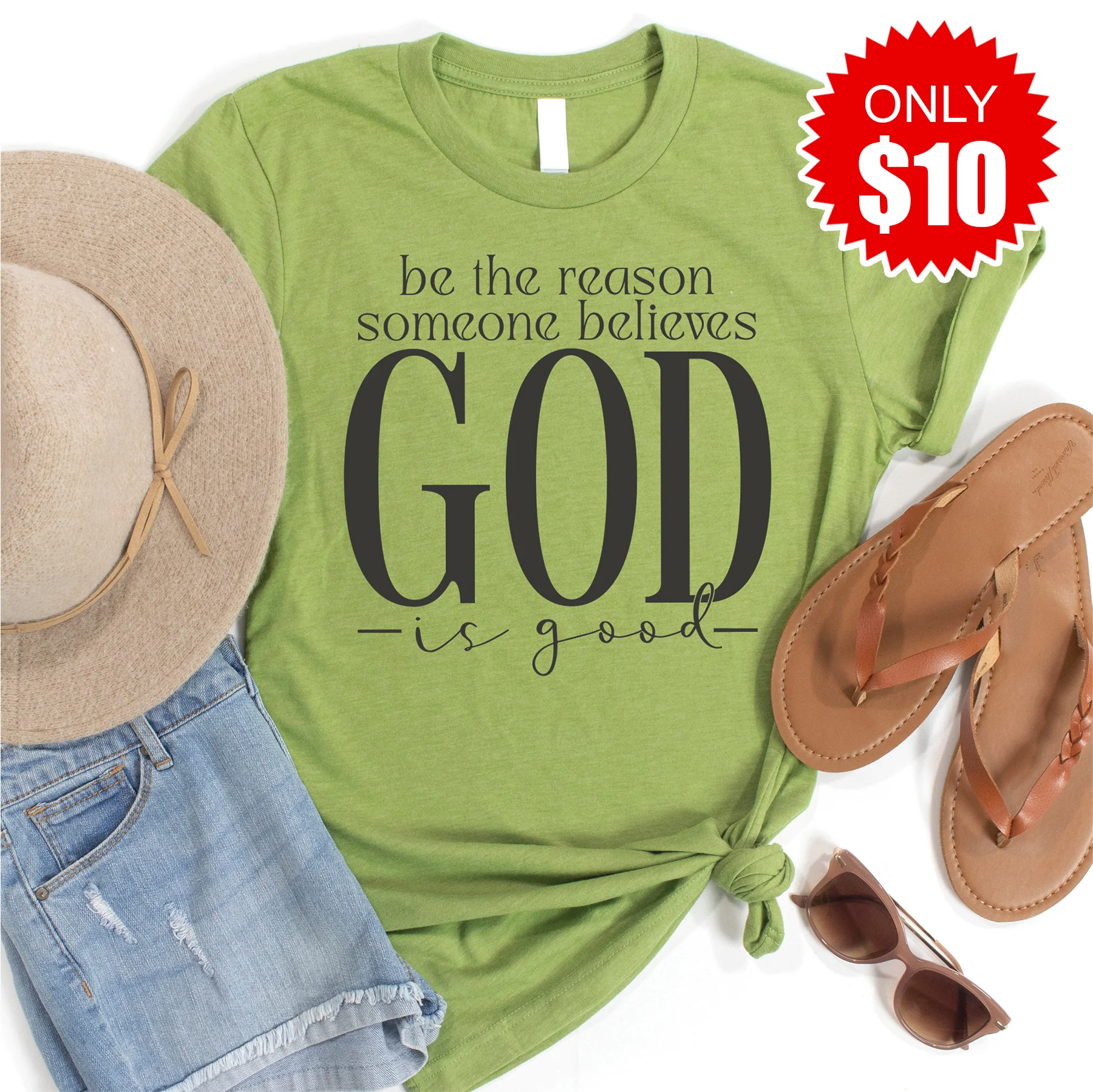 God Is Good Tee - Heather Green - 10