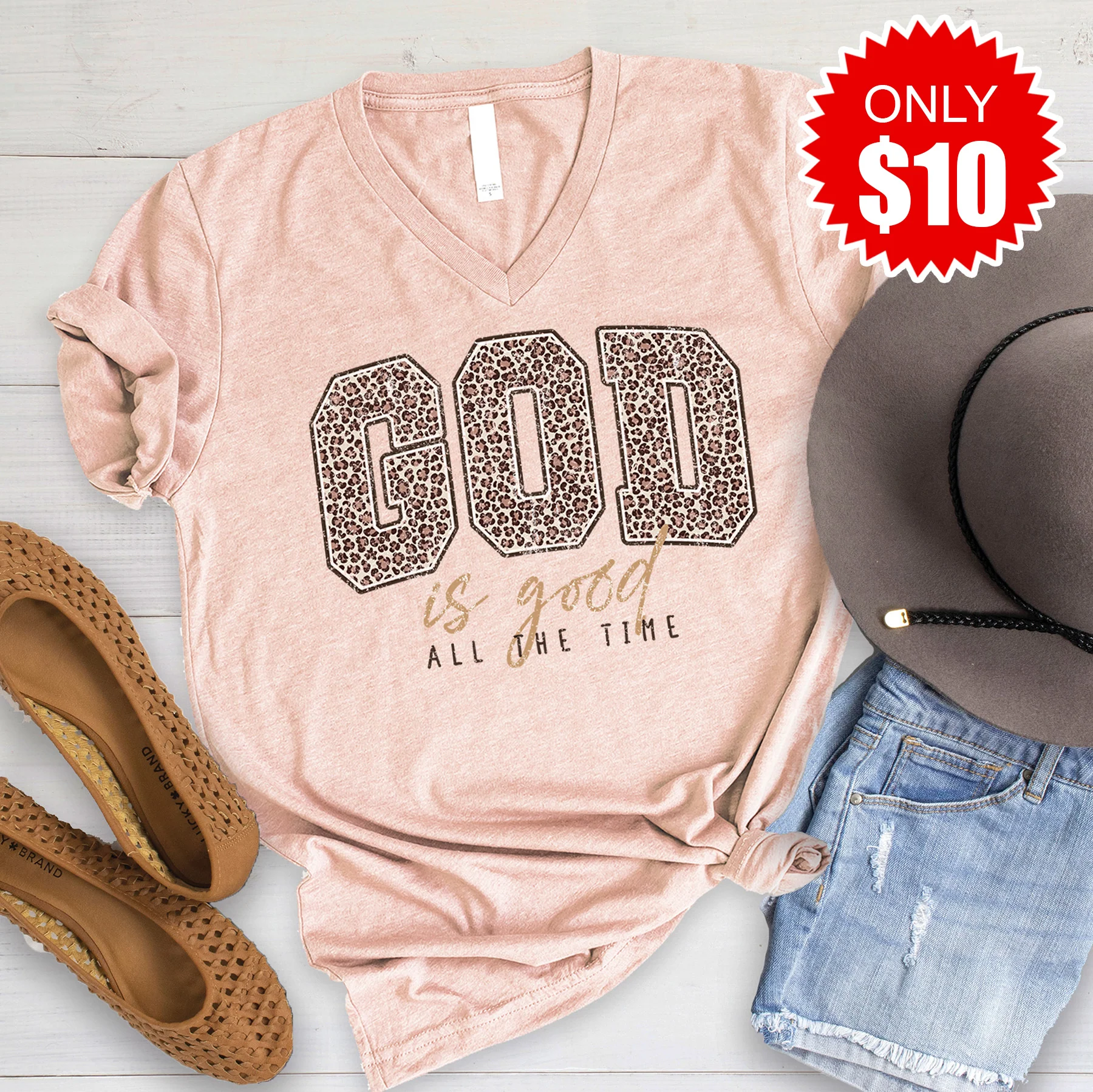 God Is Good V-Neck - Heather Peach - 10
