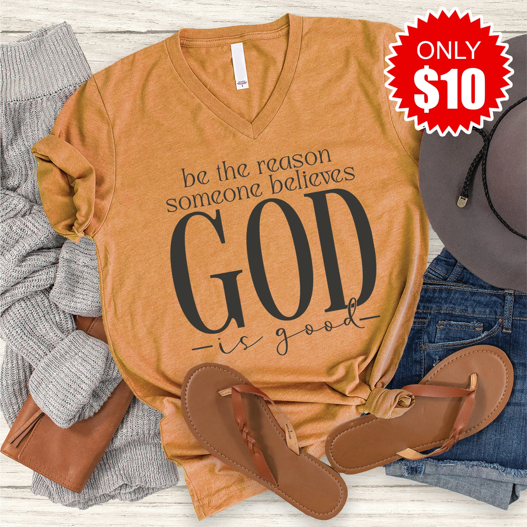 God Is Good V-Neck - Heather Toast - 10