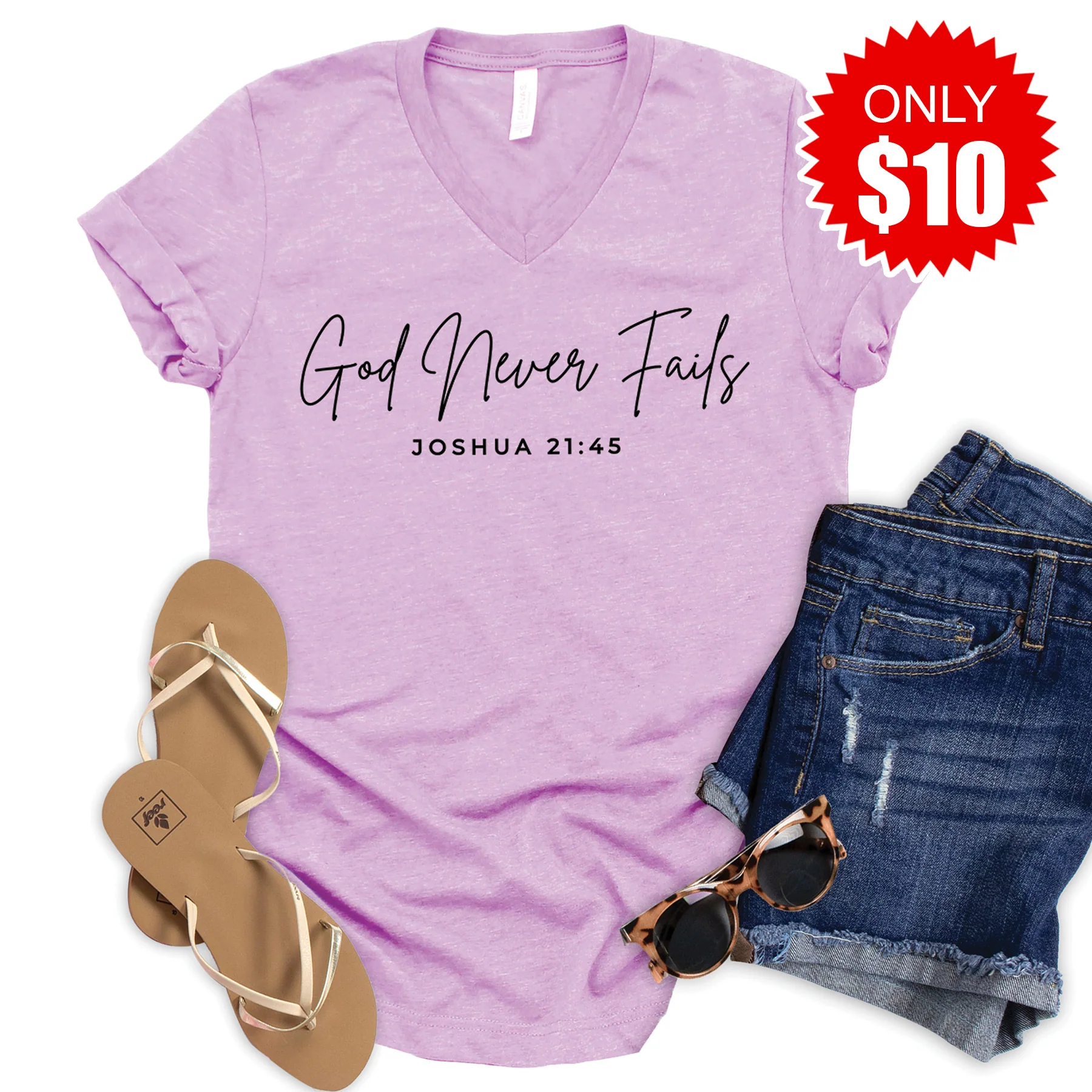 God Never Fails V-Neck - Heather Lilac - 10