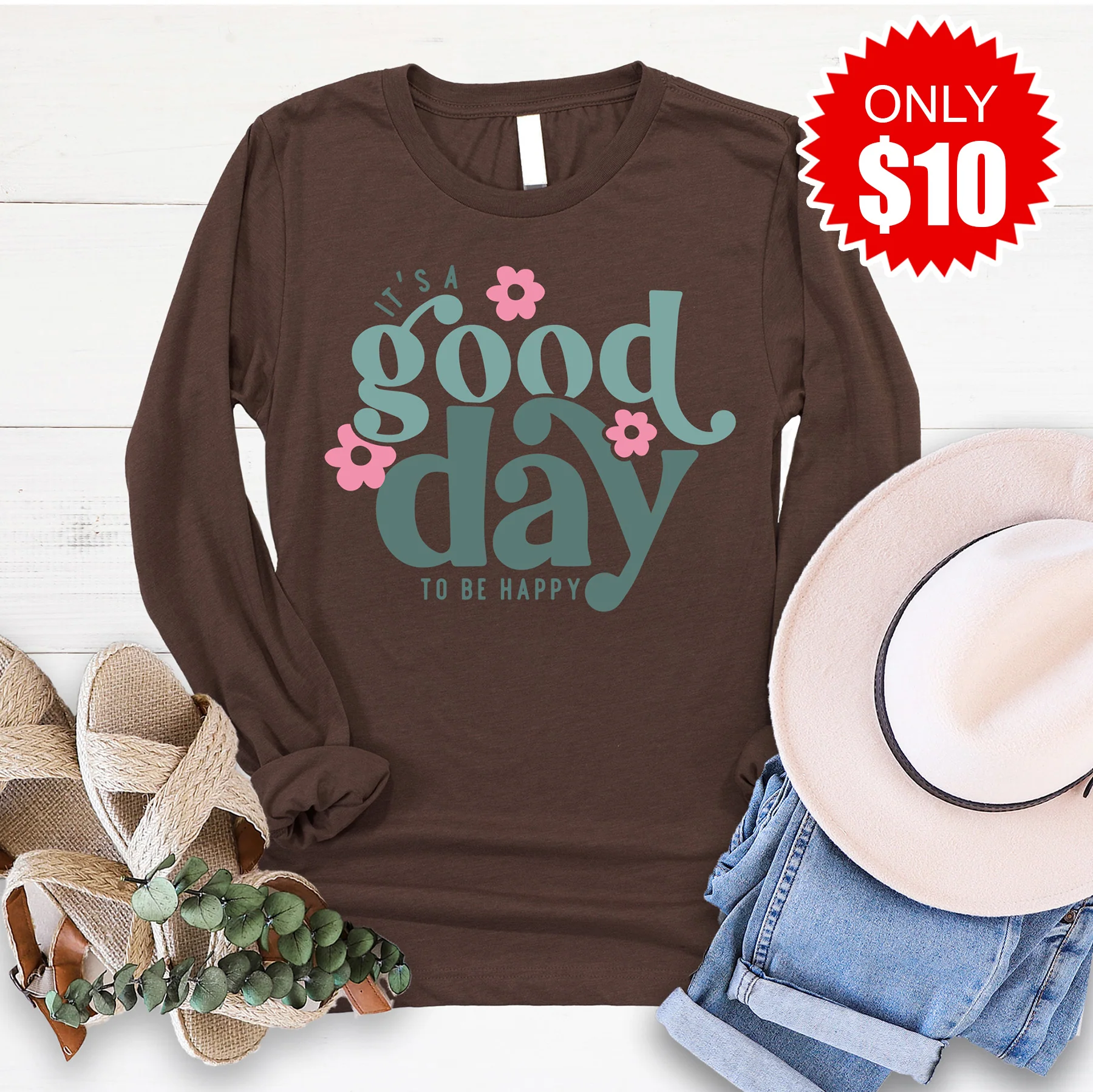 Good Day To Be Happy Long Sleeve - Heather Brown - 10