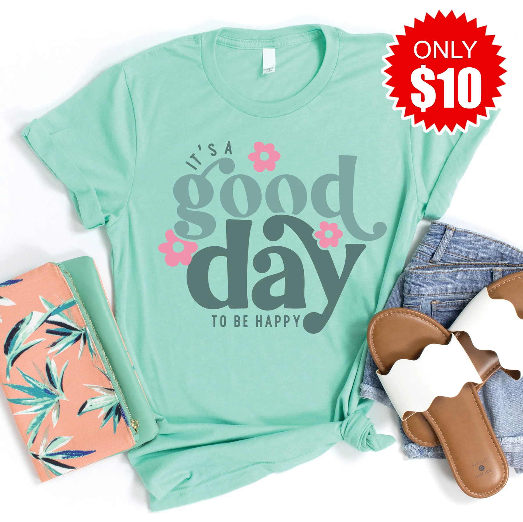 Good Day To Be Happy Tee - Heather Mint - 10