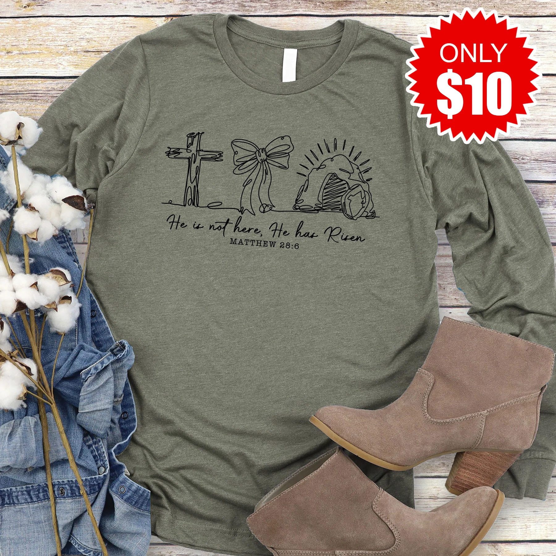 He Has Risen Long Sleeve - Heather Olive - 10