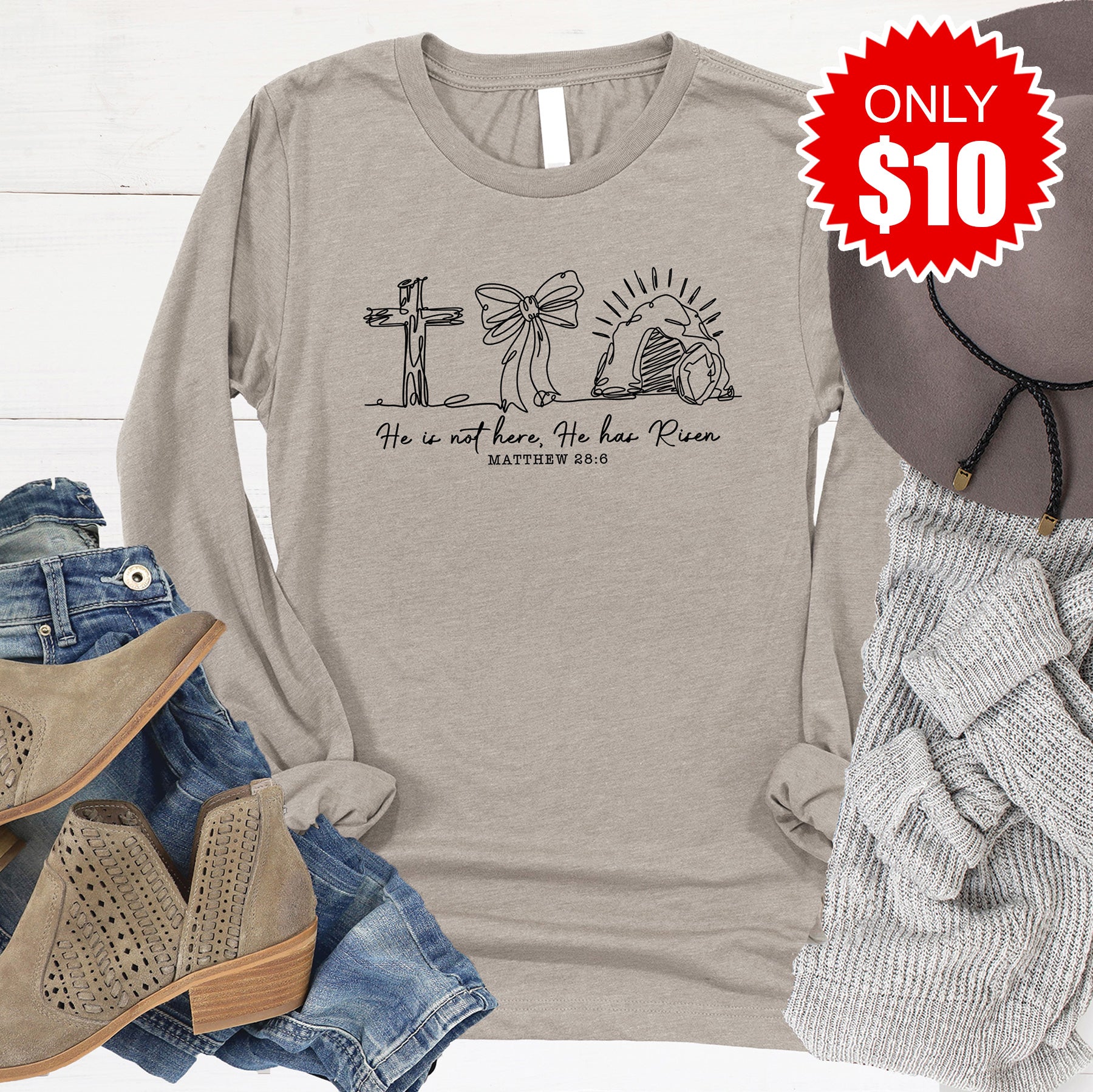 He Has Risen Long Sleeve - Heather Stone - 10
