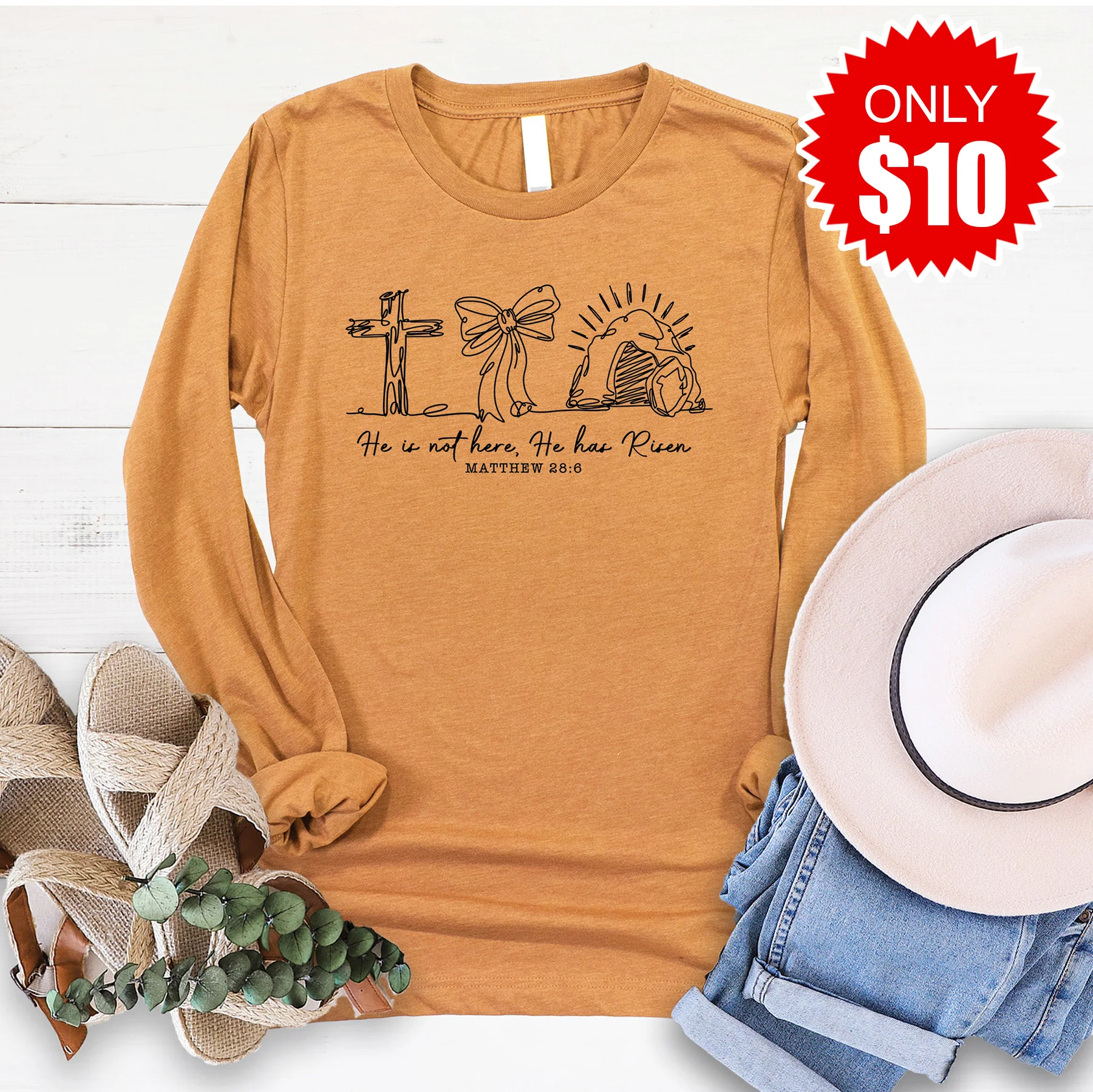 He Has Risen Long Sleeve - Heather Toast - 10