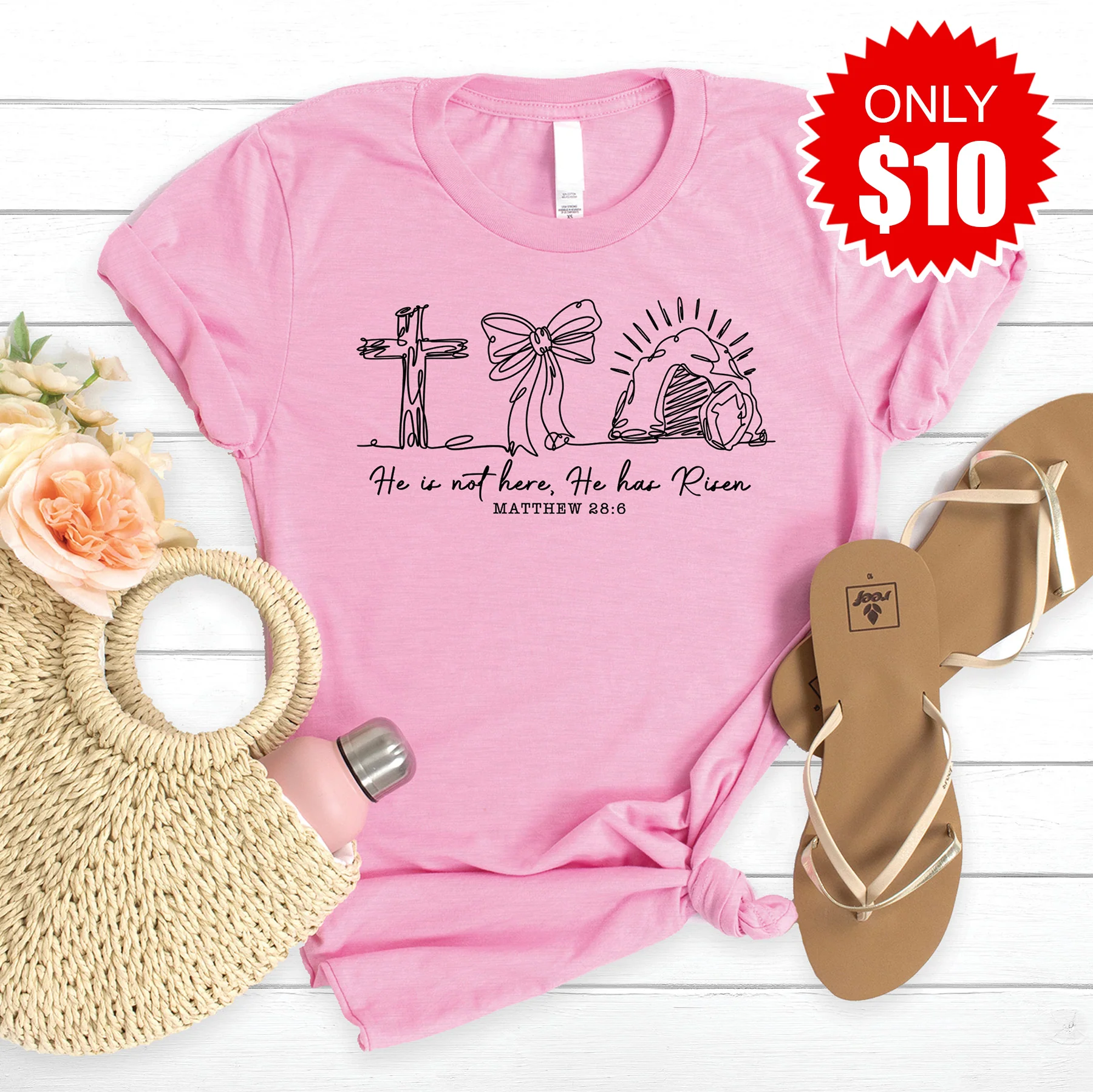 He Has Risen Tee - Heather Bubble Gum - 10