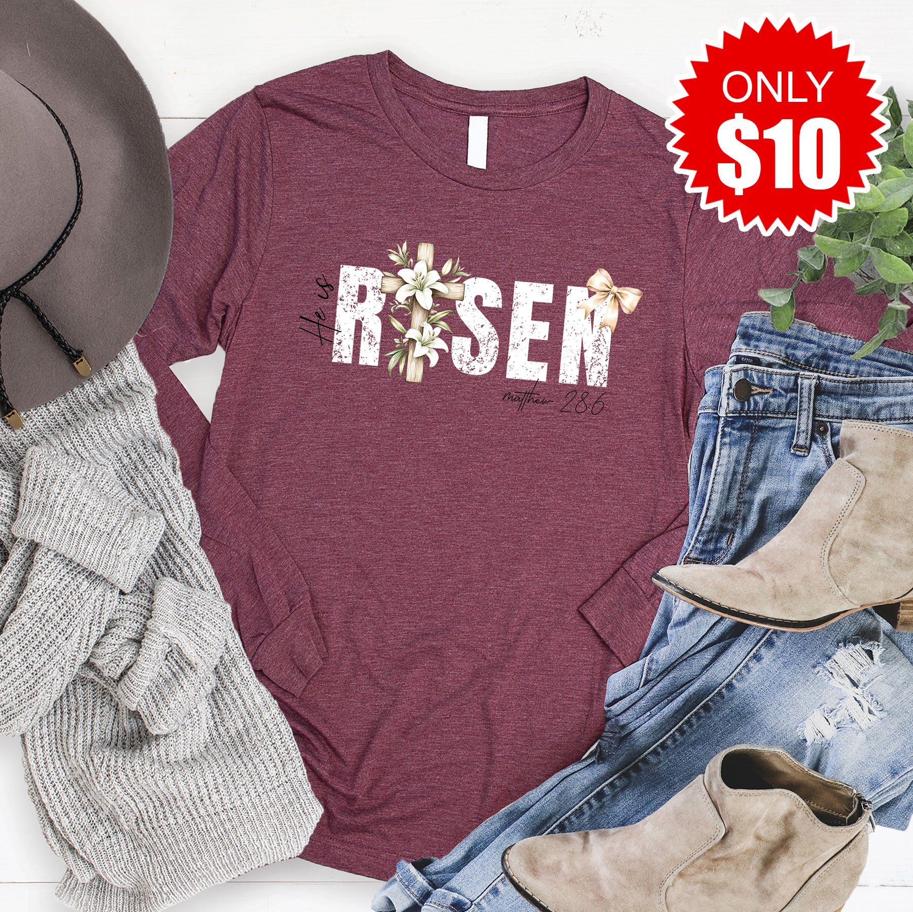 He Is Risen Long Sleeve - Heather Burgundy - 10