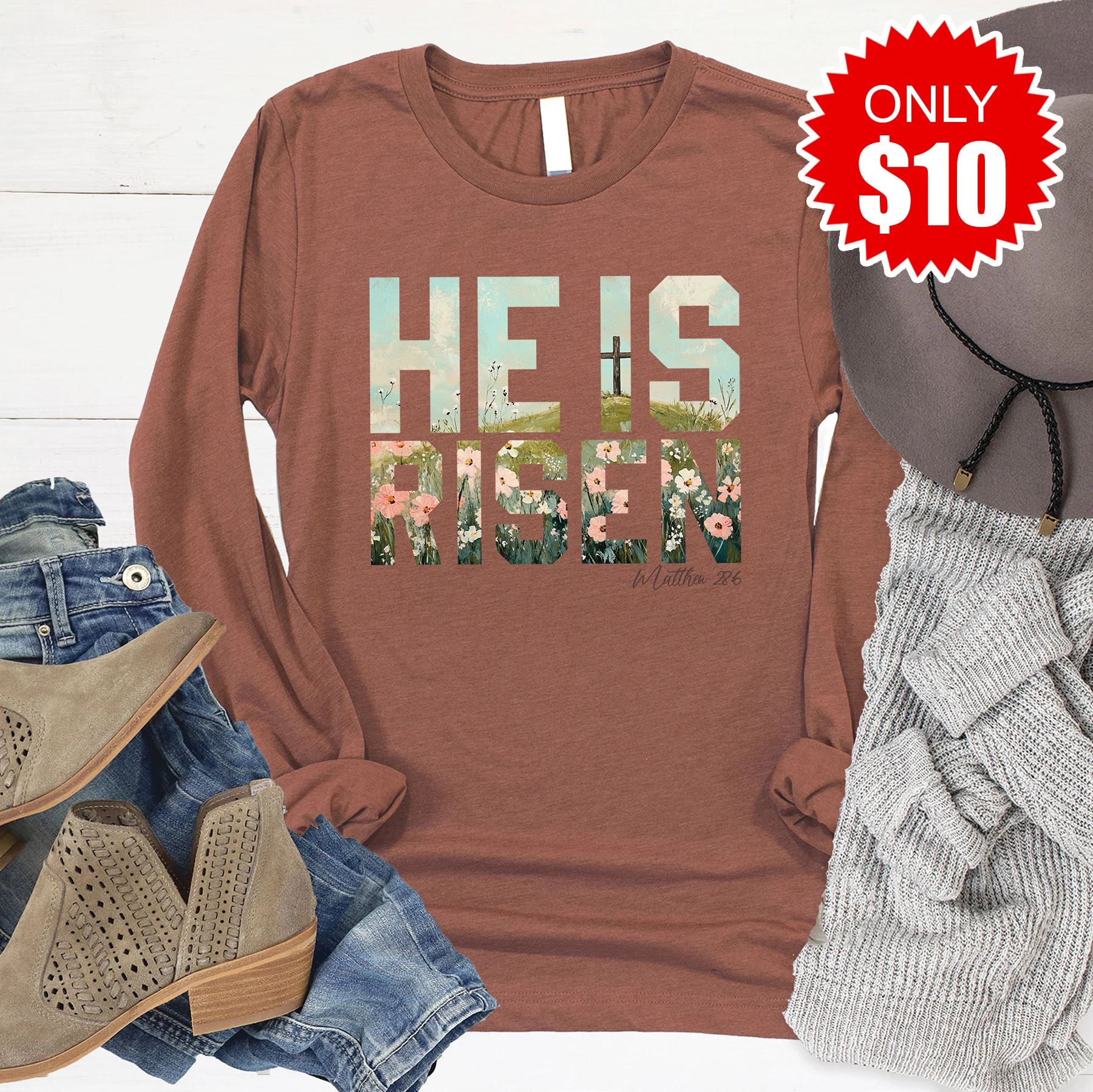 He Is Risen Long Sleeve - Heather Chestnut - 10