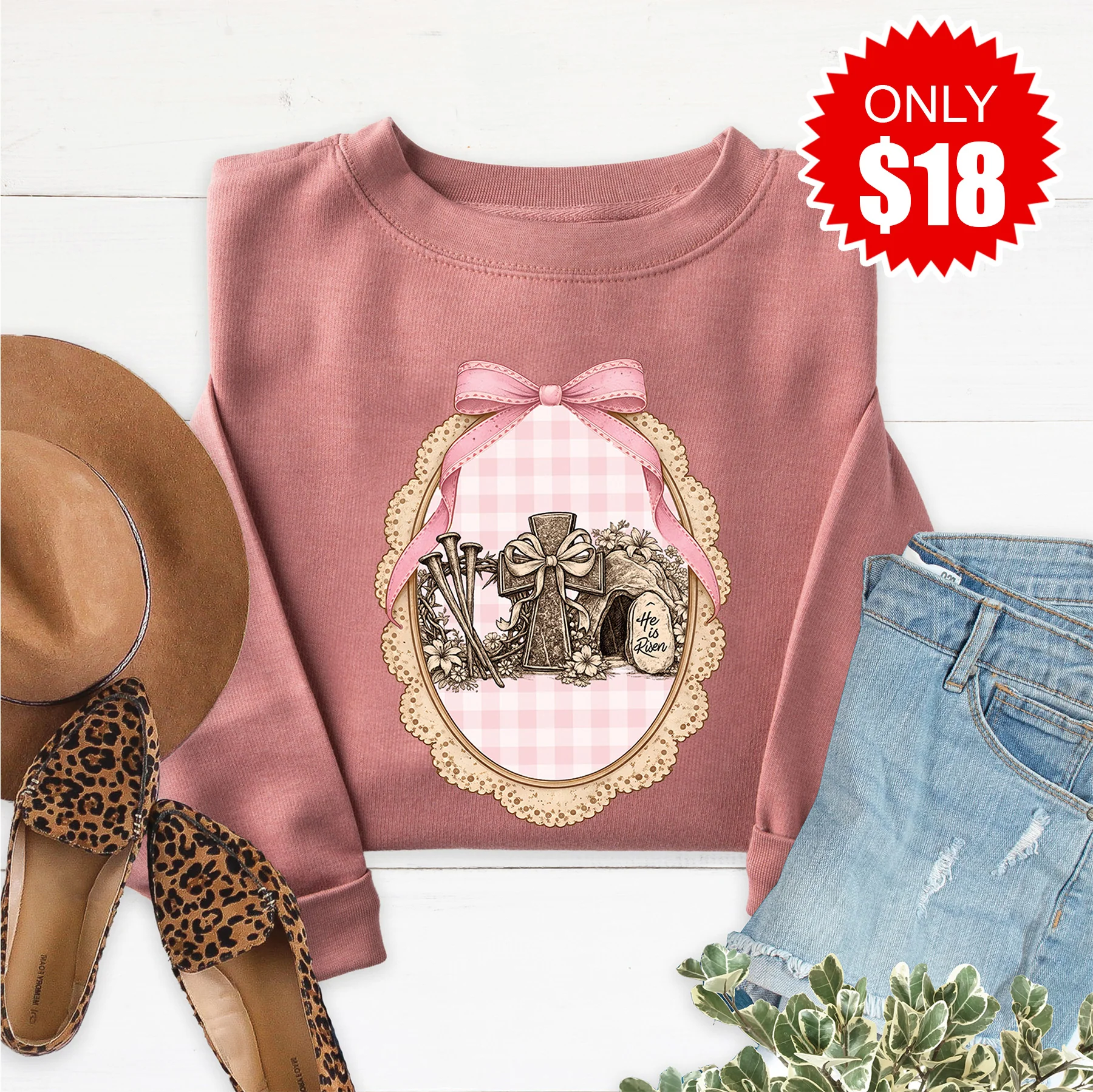 He Is Risen Sweatshirt - Heather Mauve - 18