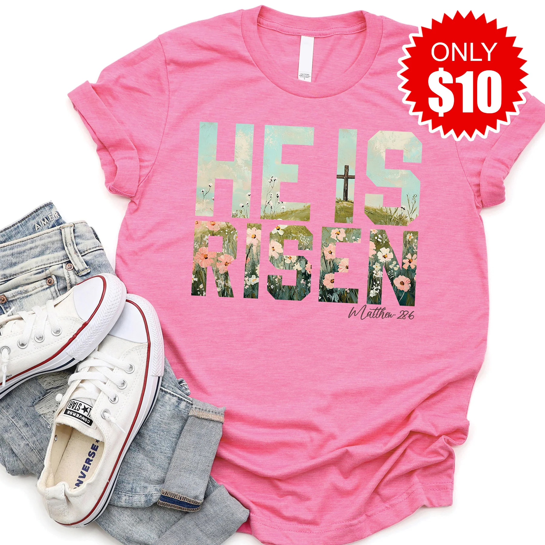 He Is Risen Tee - Heather Charity Pink - 10