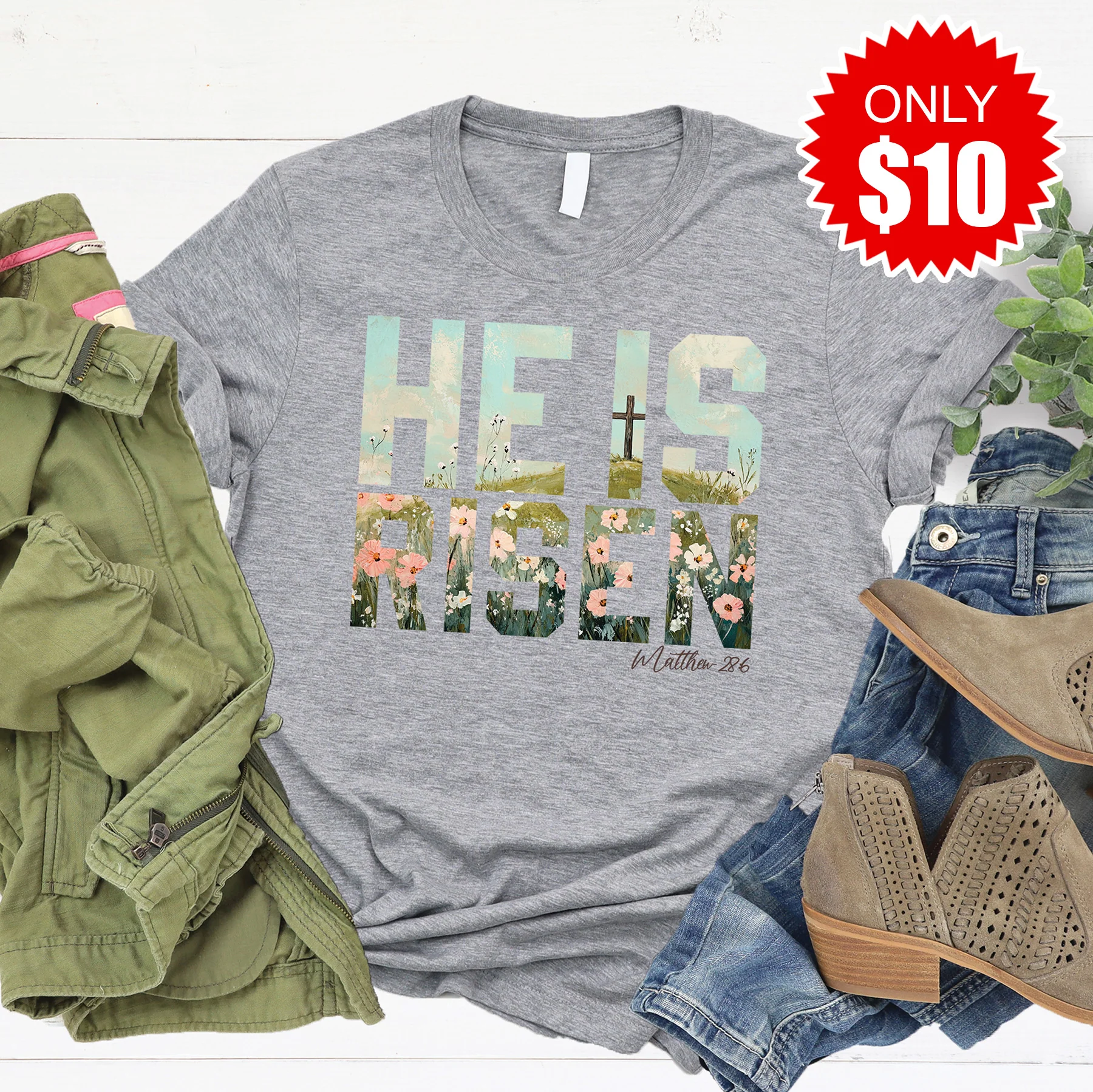 He Is Risen Tee - Heather Grey - 10