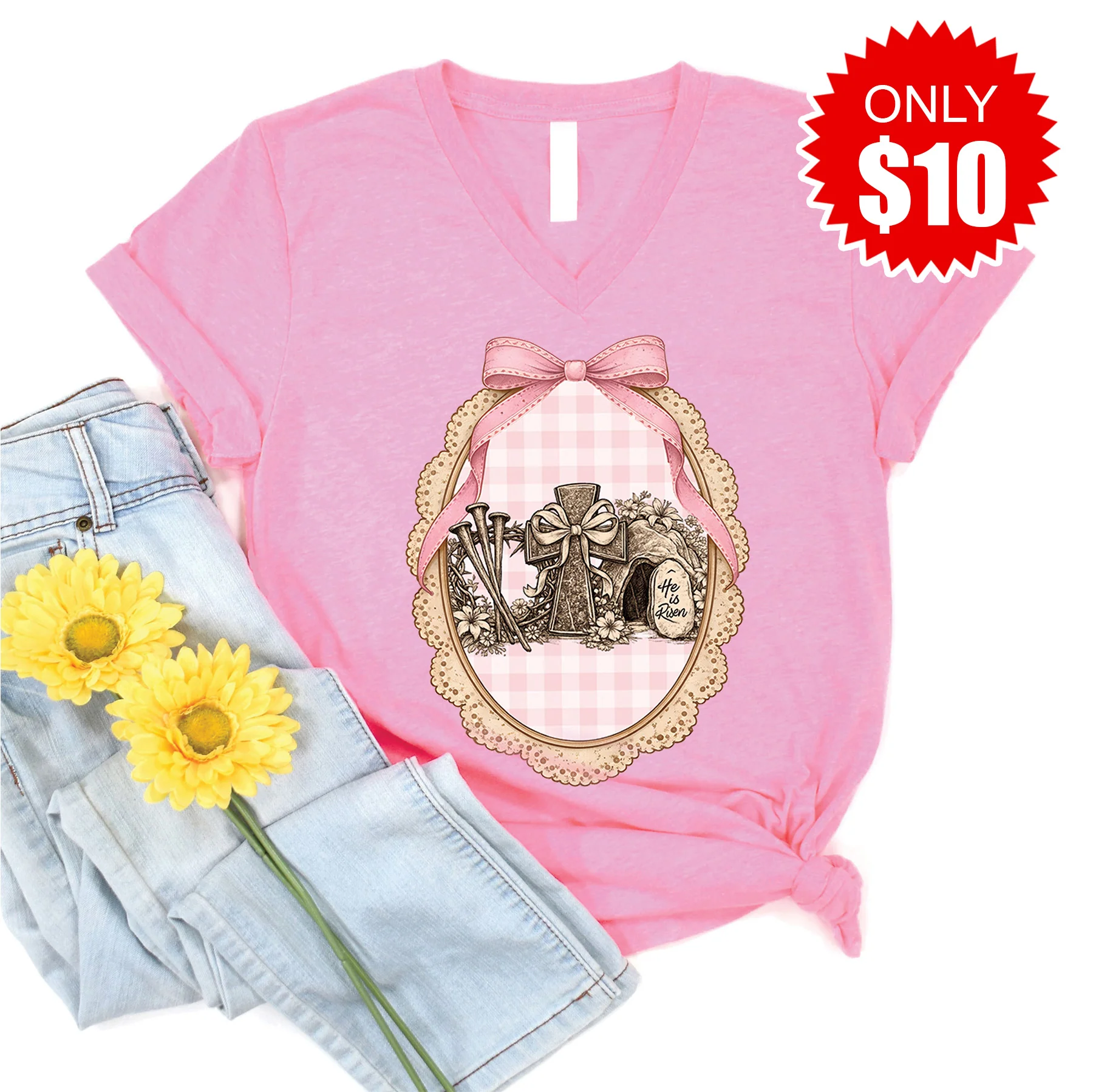 He Is Risen V-Neck - Heather Bubble Gum - 10
