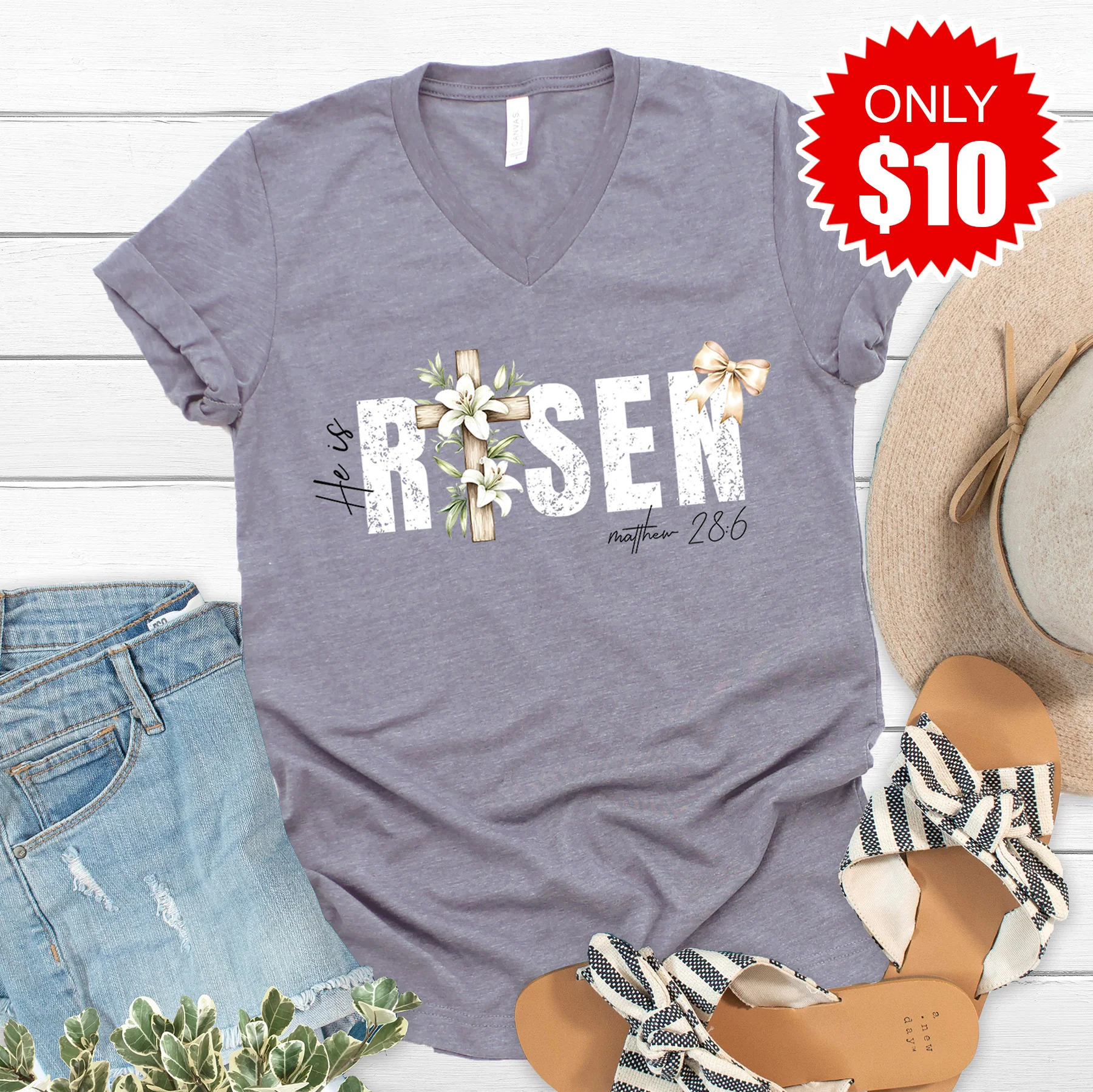 He Is Risen V-Neck - Heather Storm - 10