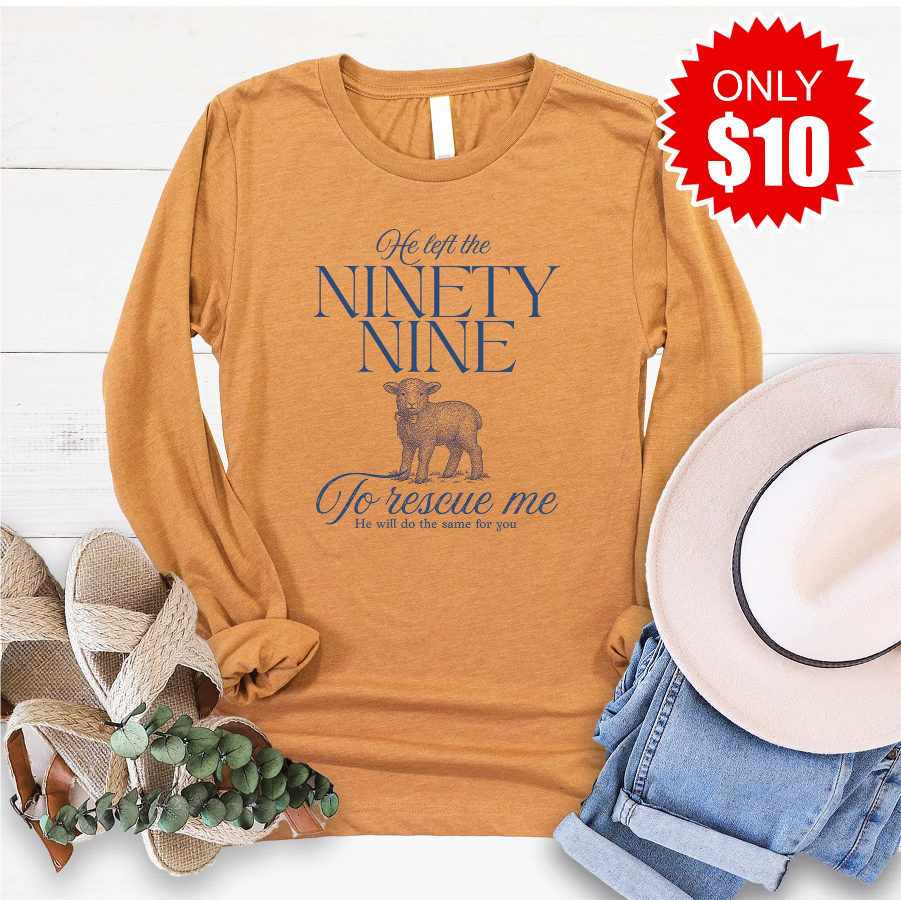 He Left The Ninety Nine Long Sleeve - Heather Toast - 10
