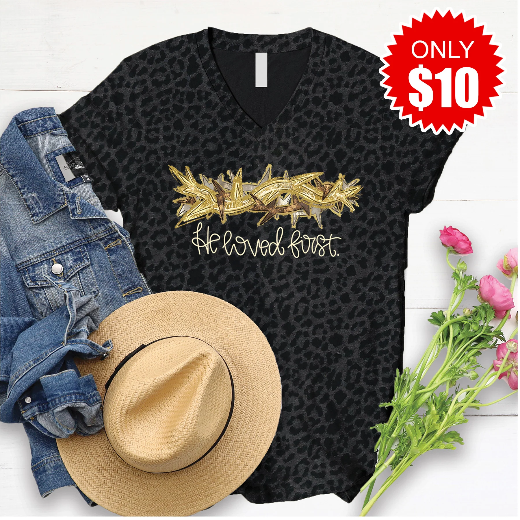 He Loved First V-Neck - Black Leopard - 10