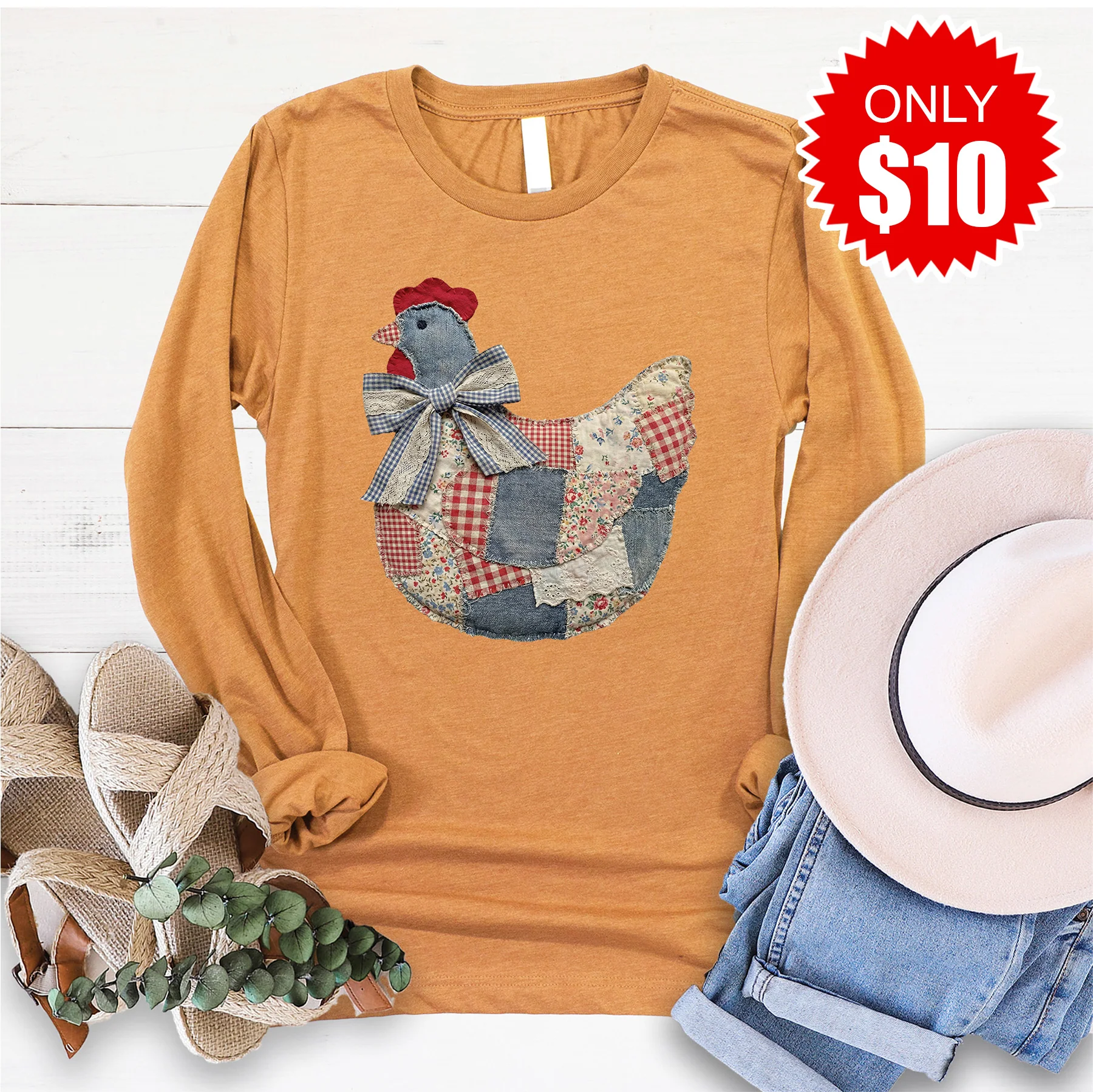 Hen Patchwork Long Sleeve - Heather Toast - 10