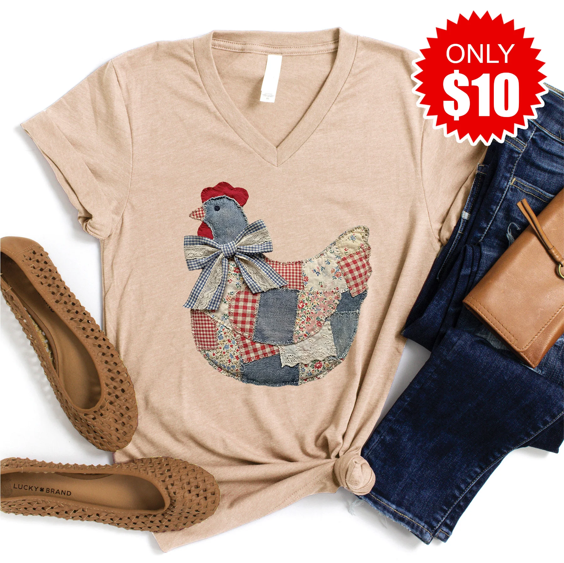Hen Patchwork V-Neck - Heather Sand Dune - 10